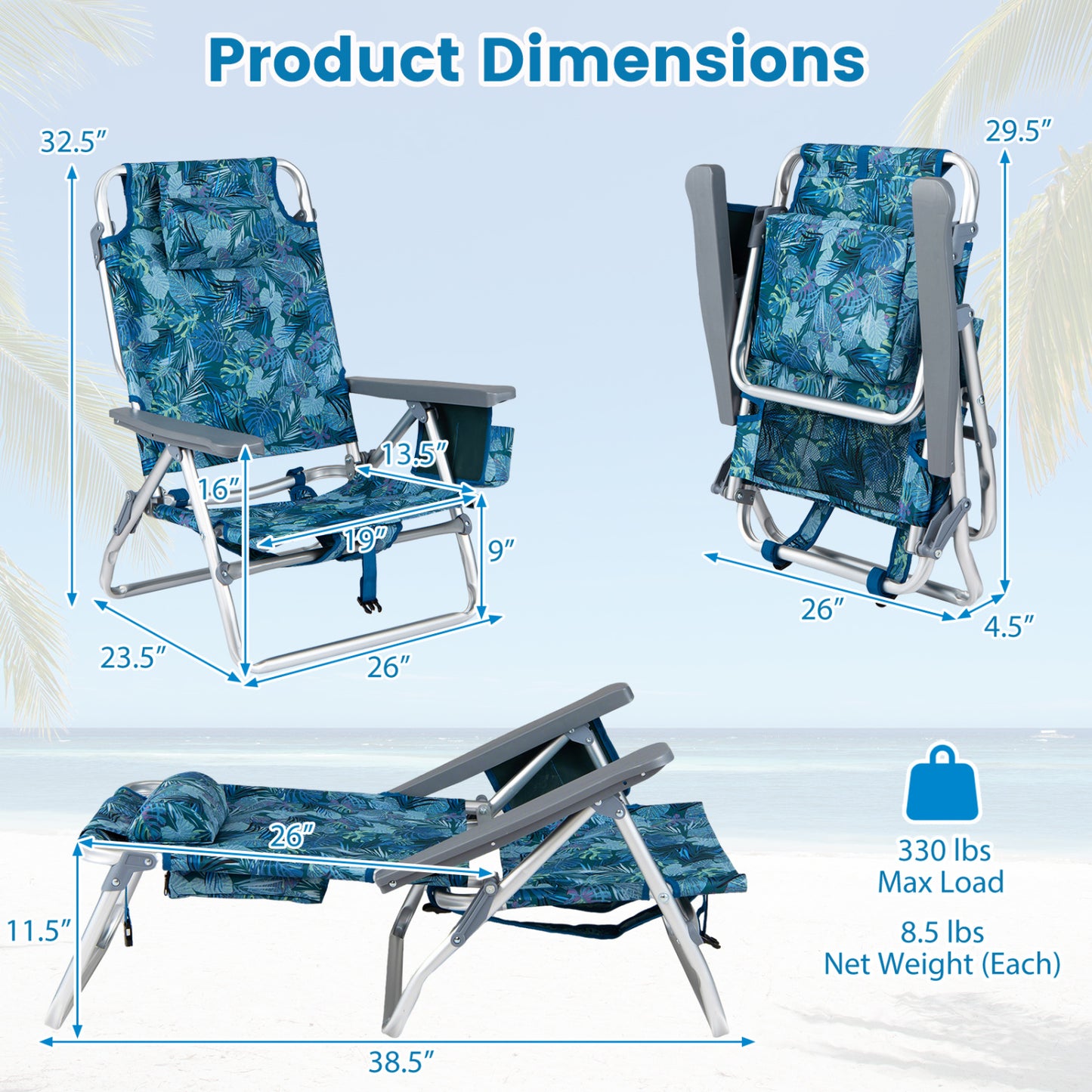 Folding Beach Chairs Set of 2 with 5-Position Backrest