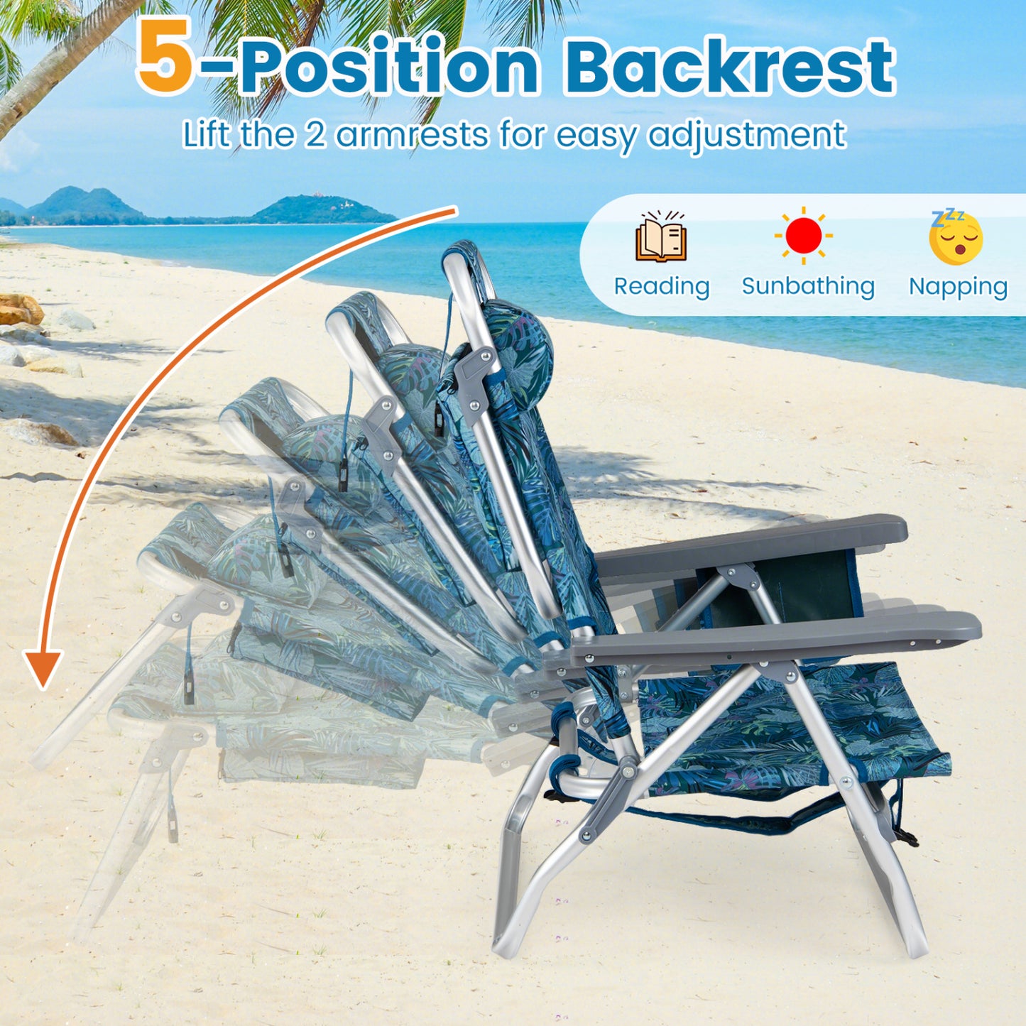Folding Beach Chairs Set of 2 with 5-Position Backrest