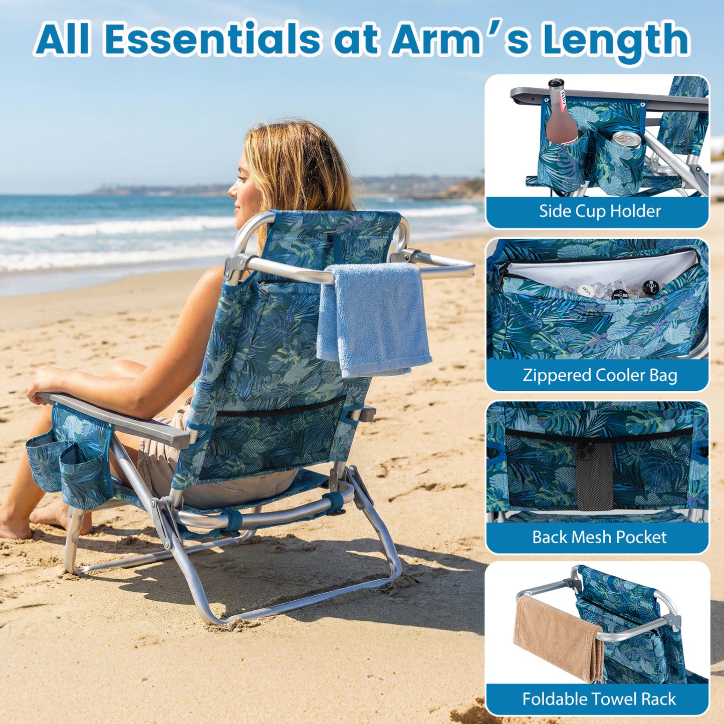 Folding Beach Chairs Set of 2 with 5-Position Backrest