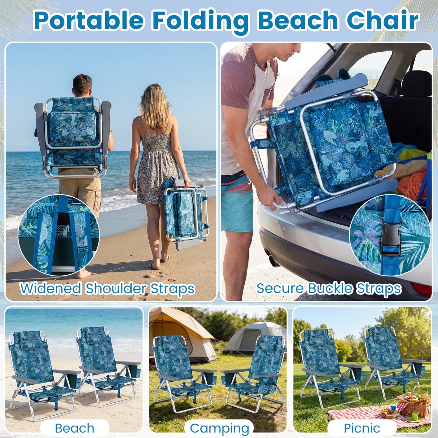 Folding Beach Chairs Set of 2 with 5-Position Backrest
