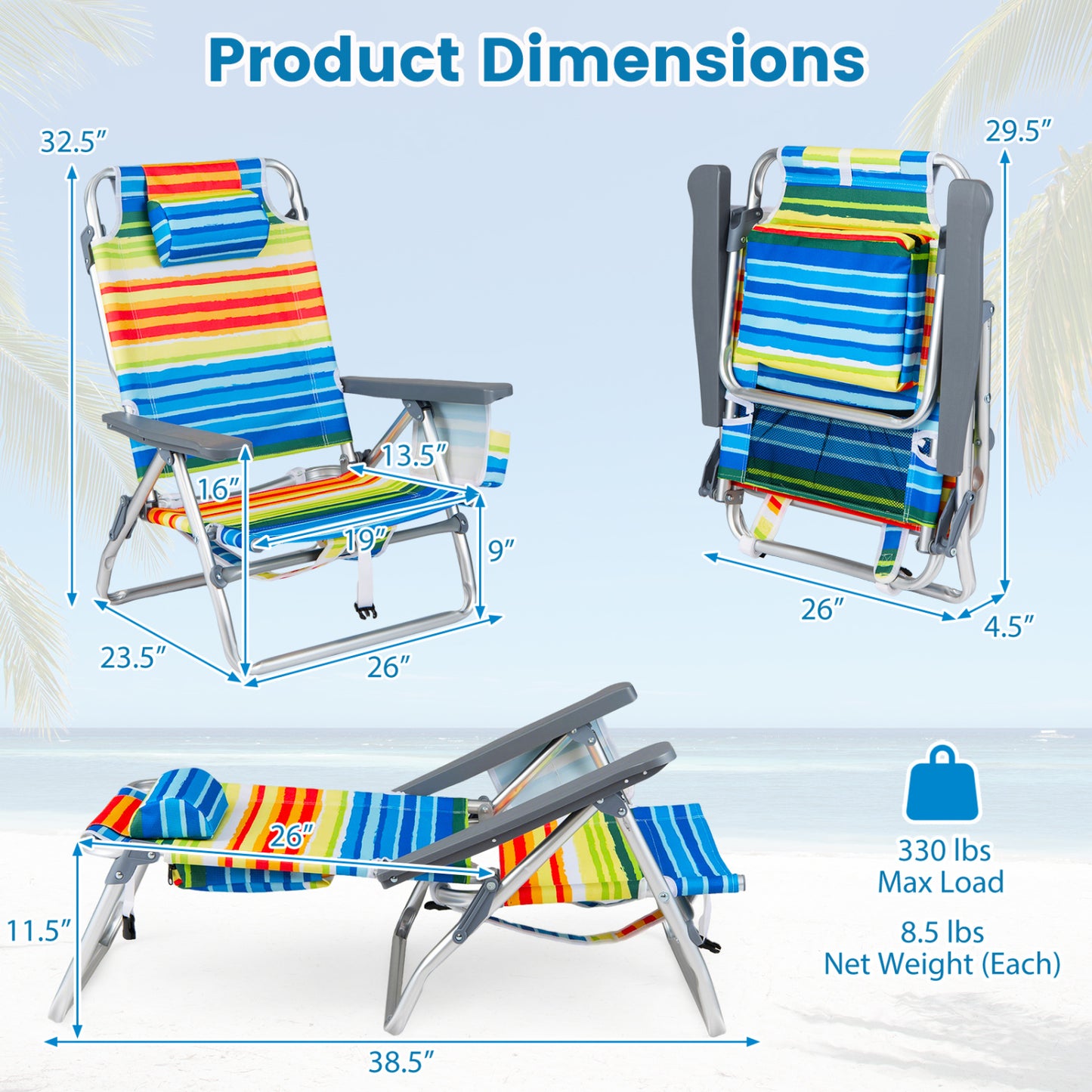 Folding Beach Chairs Set of 2 with 5-Position Backrest