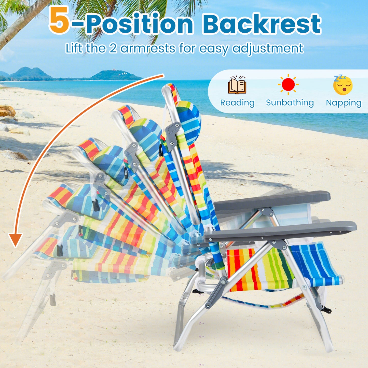 Folding Beach Chairs Set of 2 with 5-Position Backrest