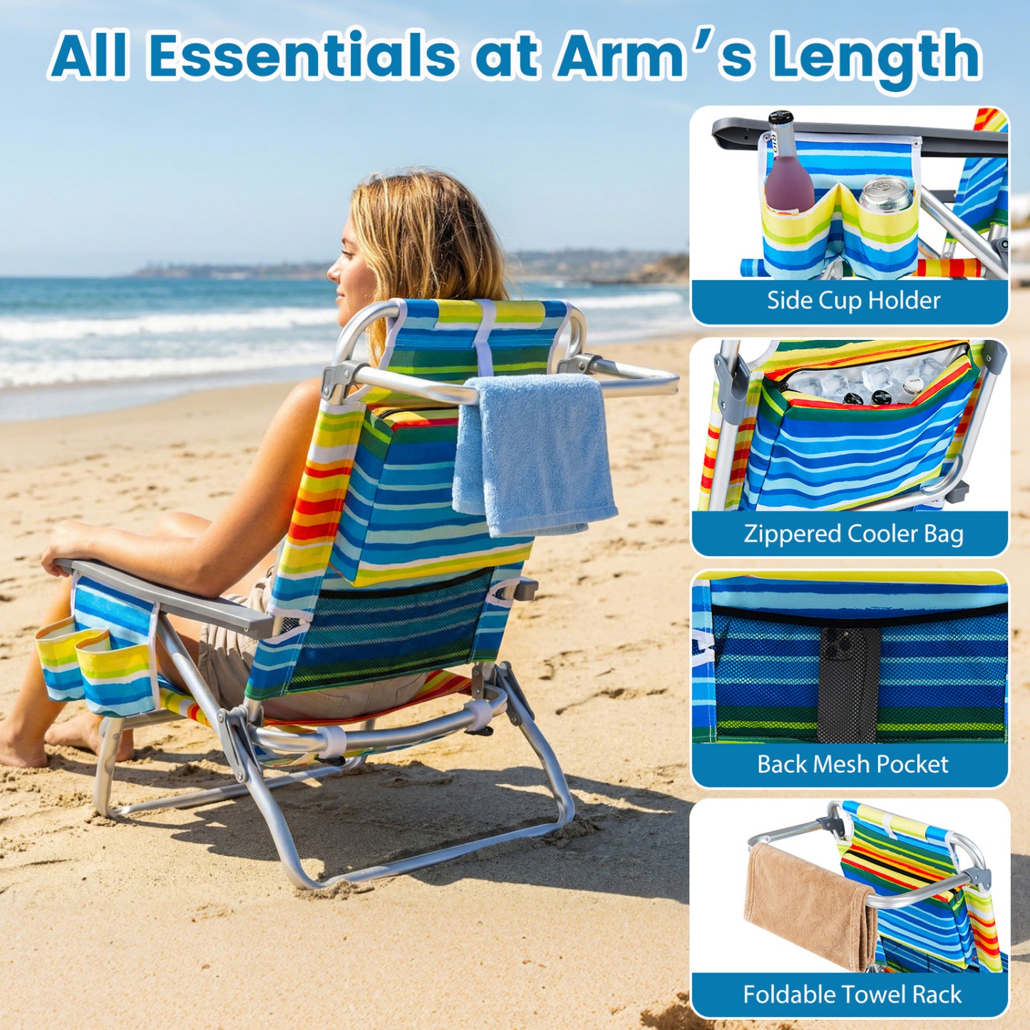 Folding Beach Chairs Set of 2 with 5-Position Backrest