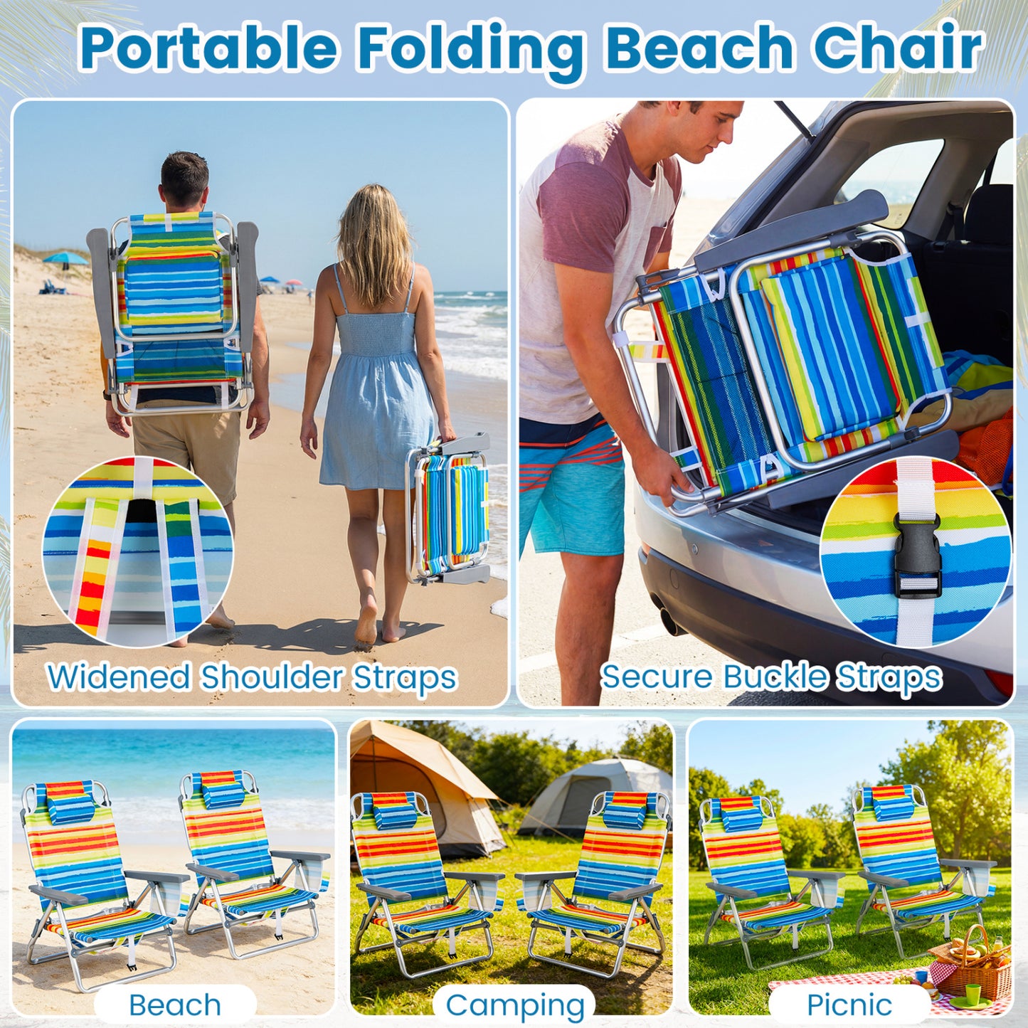 Folding Beach Chairs Set of 2 with 5-Position Backrest