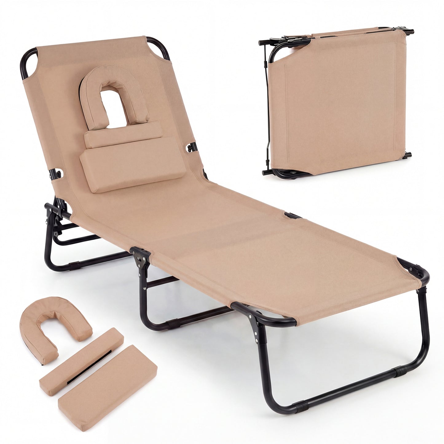 Folding Beach Chaise Lounge Chair with Face Hole & Pillow