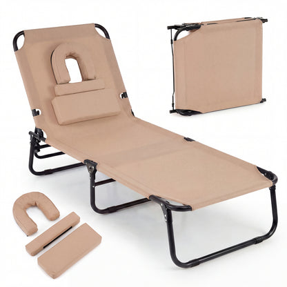 Folding Beach Chaise Lounge Chair with Face Hole & Pillow