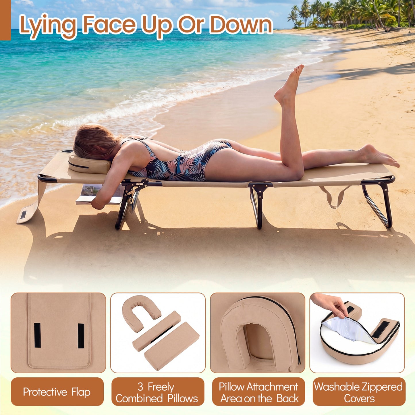 Folding Beach Chaise Lounge Chair with Face Hole & Pillow