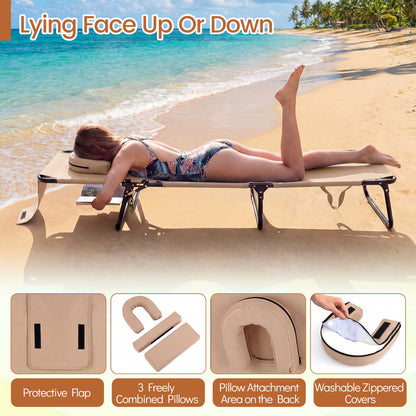 Folding Beach Chaise Lounge Chair with Face Hole & Pillow