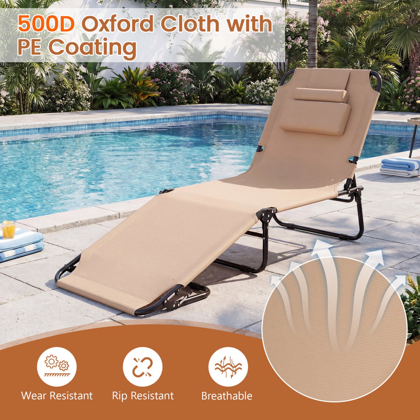 Folding Beach Chaise Lounge Chair with Face Hole & Pillow