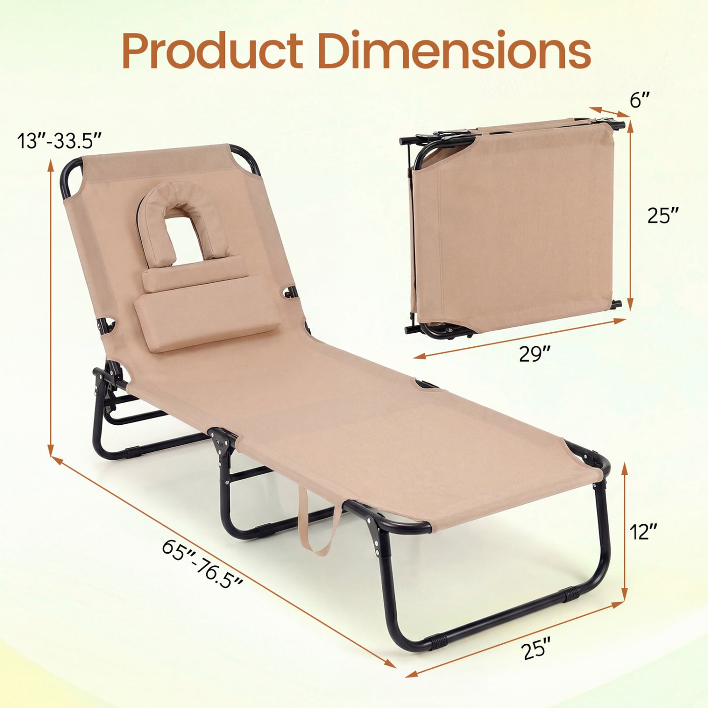 Folding Beach Chaise Lounge Chair with Face Hole & Pillow