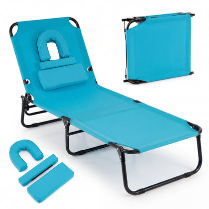 Folding Beach Chaise Lounge Chair with Face Hole & Pillow