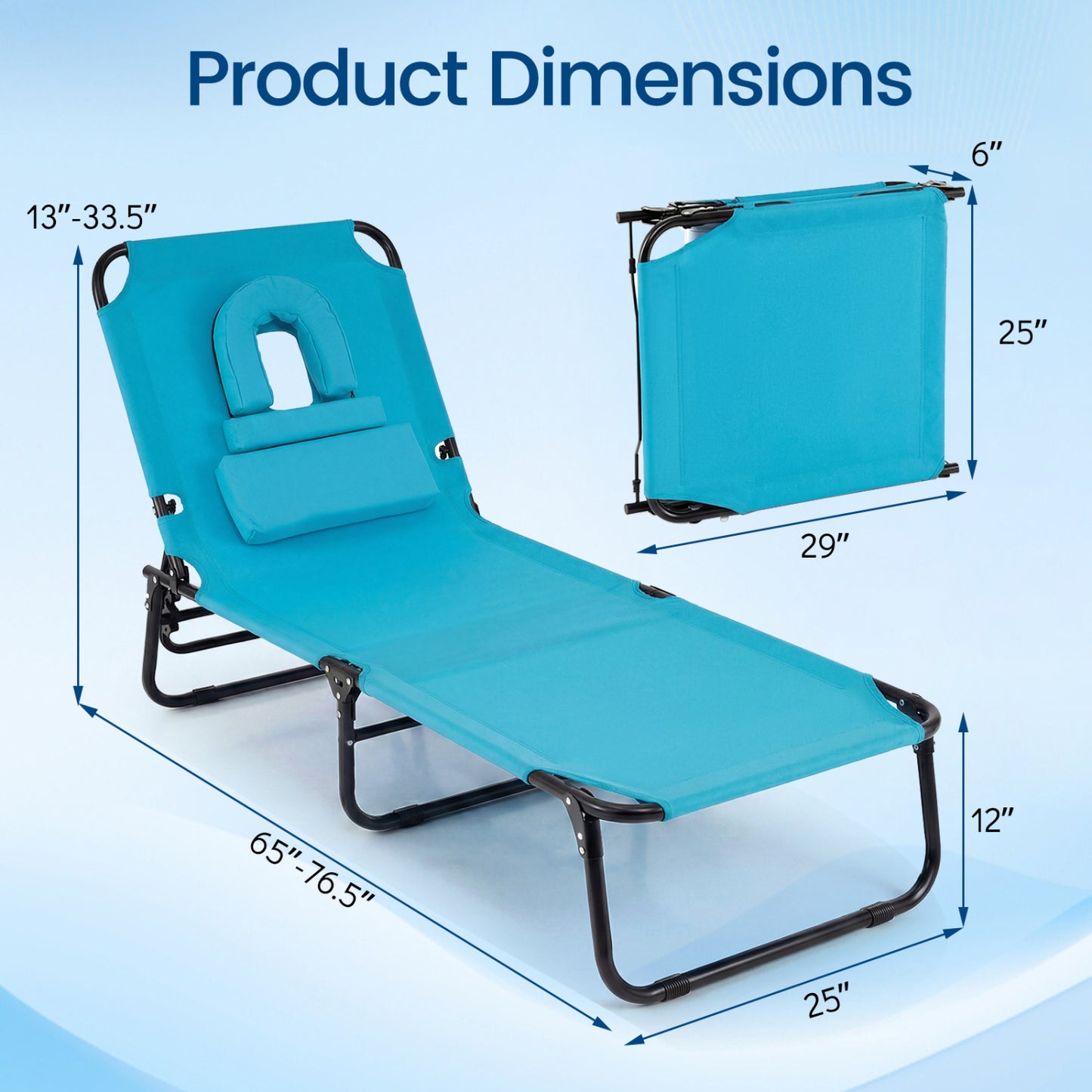 Folding Beach Chaise Lounge Chair with Face Hole & Pillow