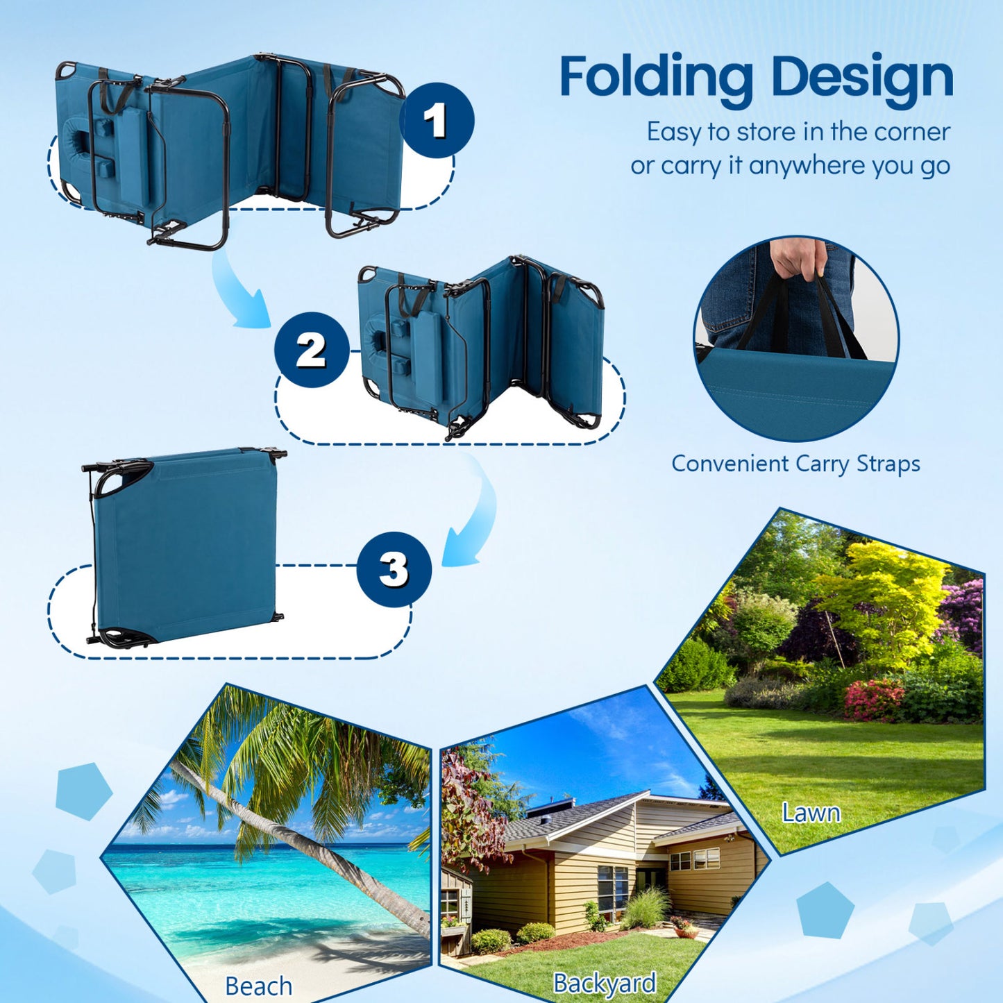 Folding Beach Chaise Lounge Chair with Face Hole & Pillow