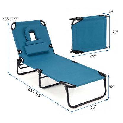 Folding Beach Chaise Lounge Chair with Face Hole & Pillow
