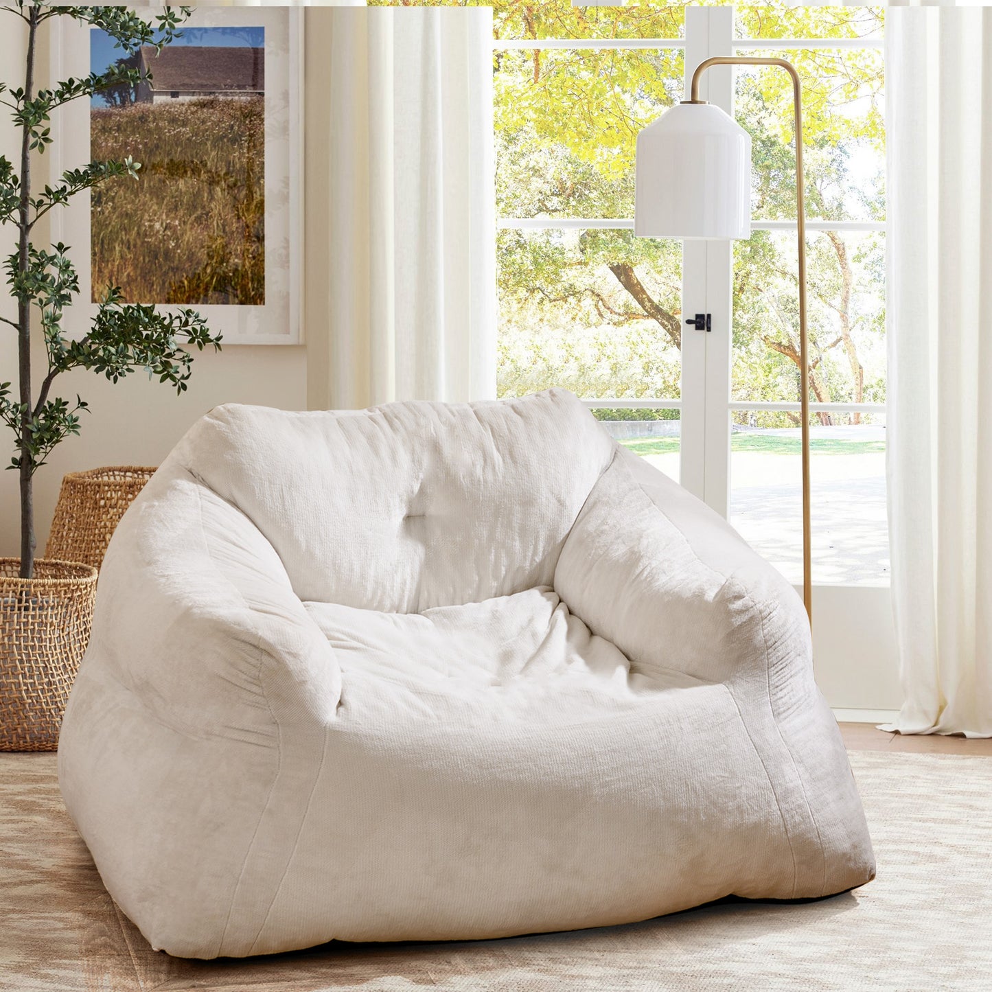 Plush Velvet Bean Bag Chair with Armrests - Beige