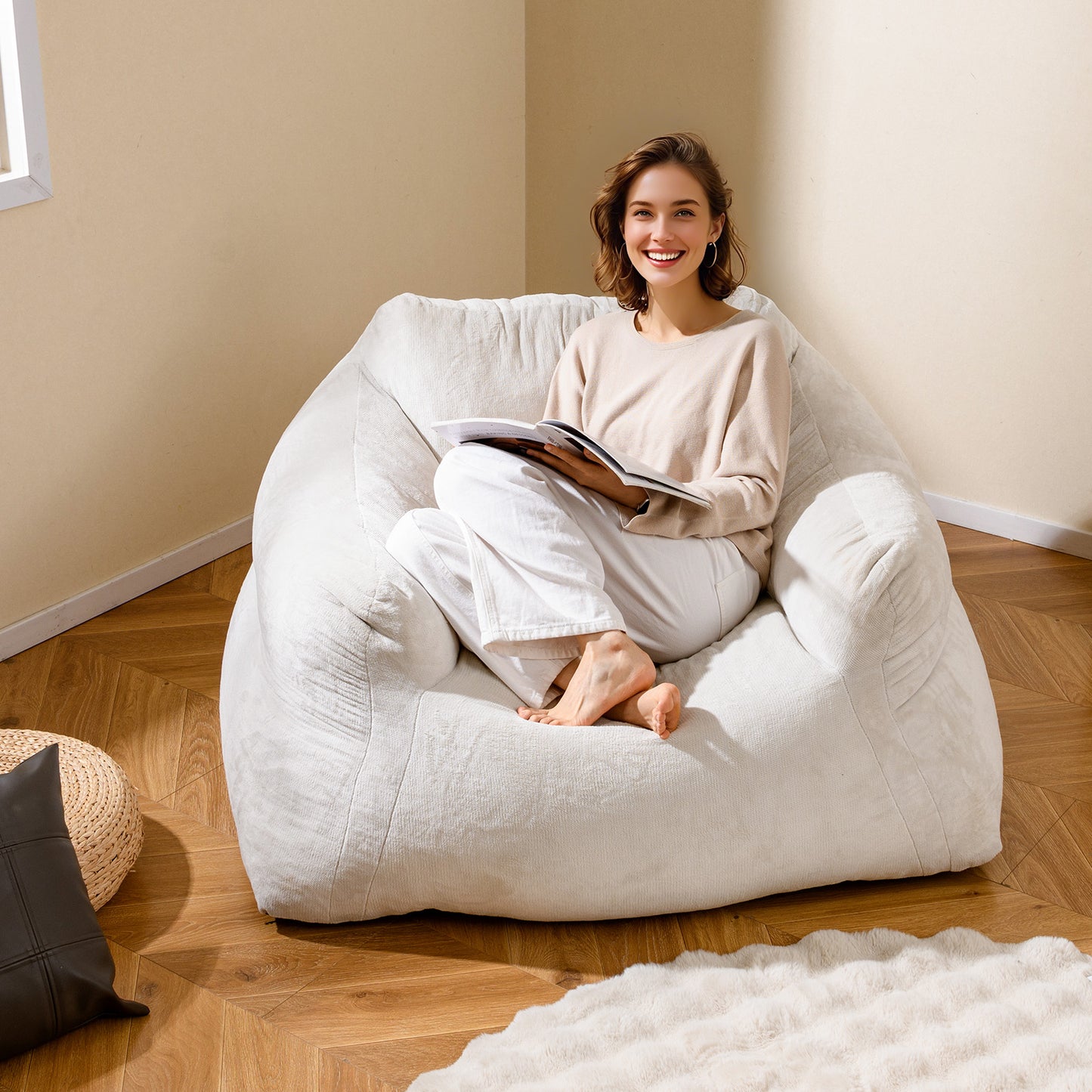 Plush Velvet Bean Bag Chair with Armrests - Beige