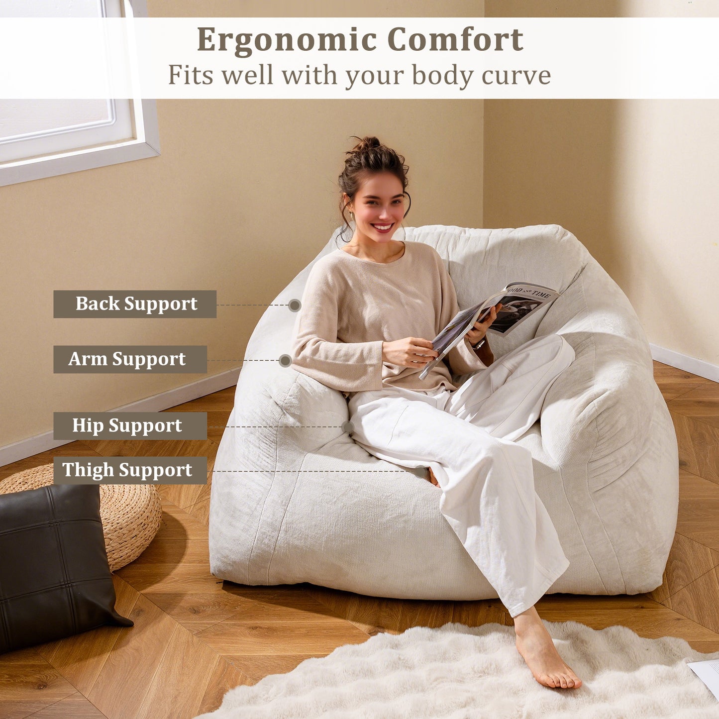 Plush Velvet Bean Bag Chair with Armrests - Beige