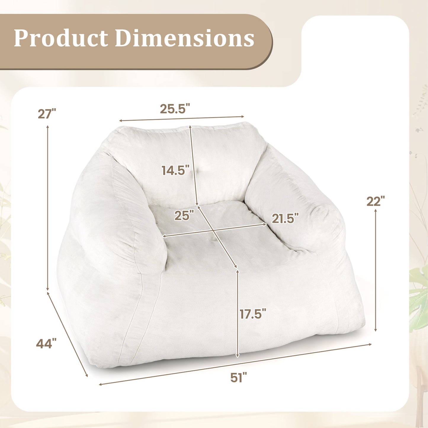 Plush Velvet Bean Bag Chair with Armrests - Beige