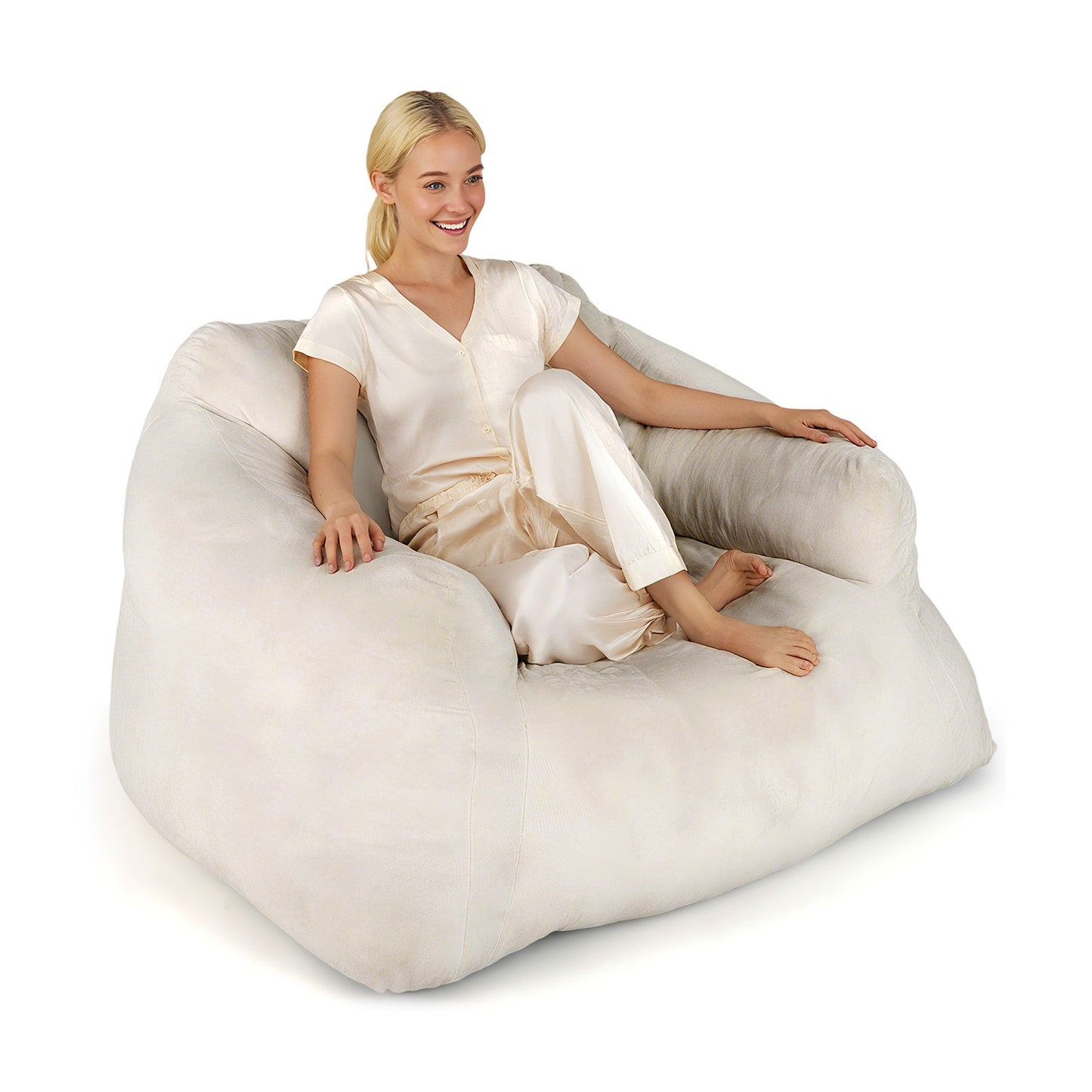 Plush Velvet Bean Bag Chair with Armrests - Beige