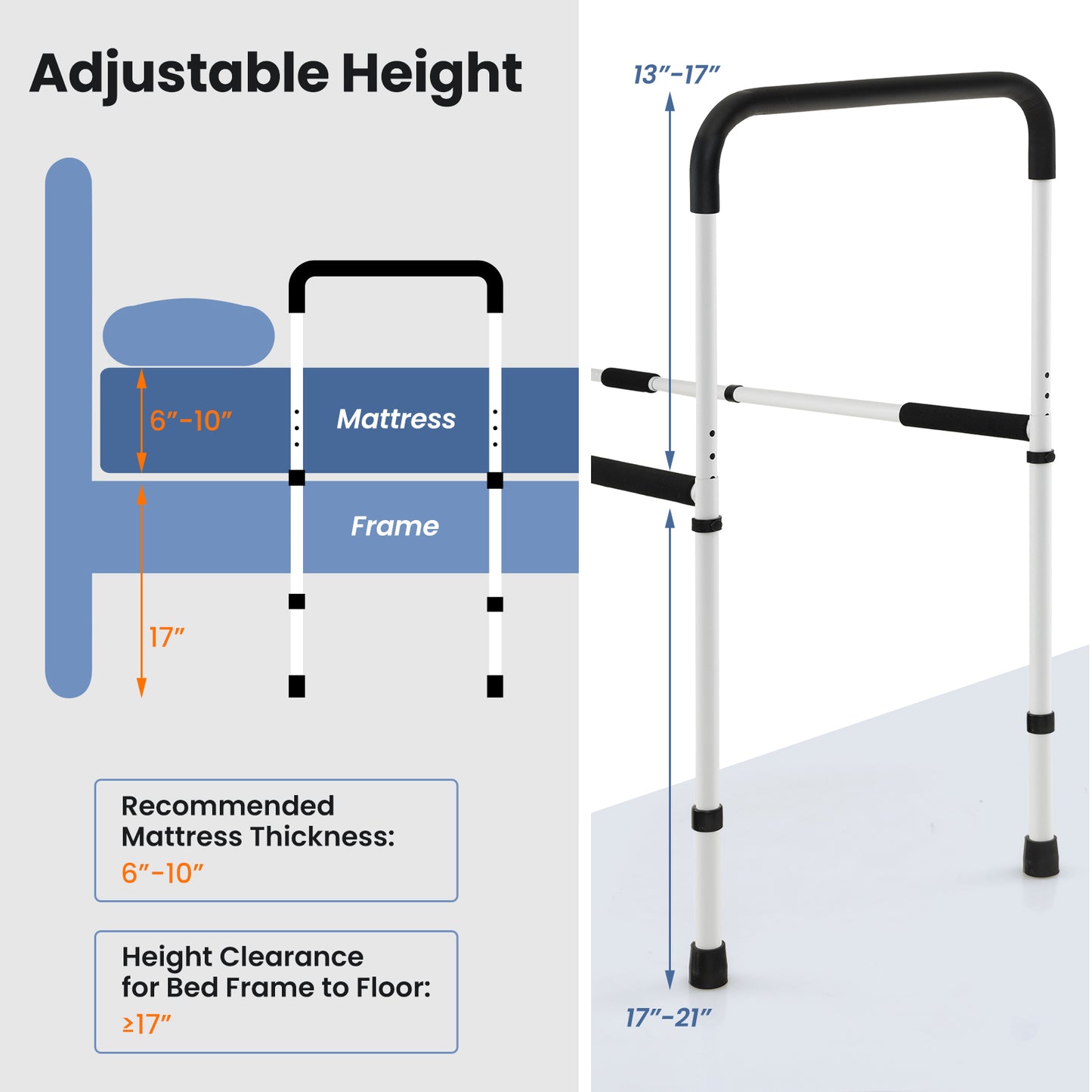 Adjustable Bed Assist Rail with Fall Prevention - 350 lbs