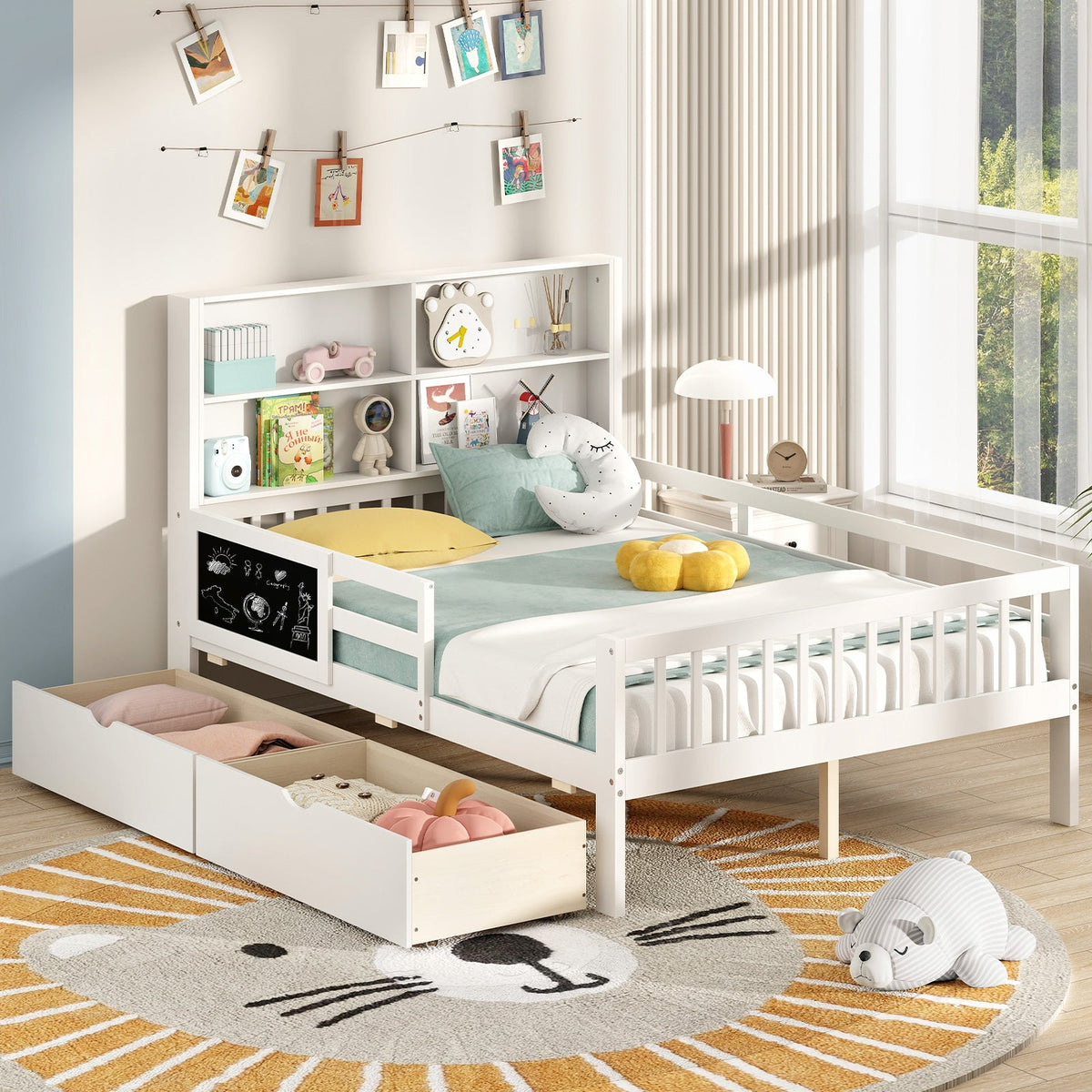 Twin/Full Size Bed Frame with 2 Drawers and Bookcase for Boys and Girls