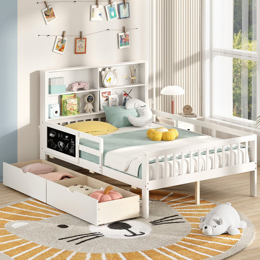Twin/Full Size Bed Frame with 2 Drawers and Bookcase for Boys and Girls