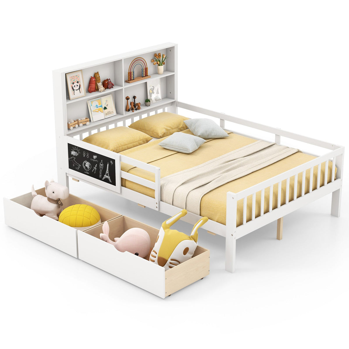 Twin/Full Size Bed Frame with 2 Drawers and Bookcase for Boys and Girls