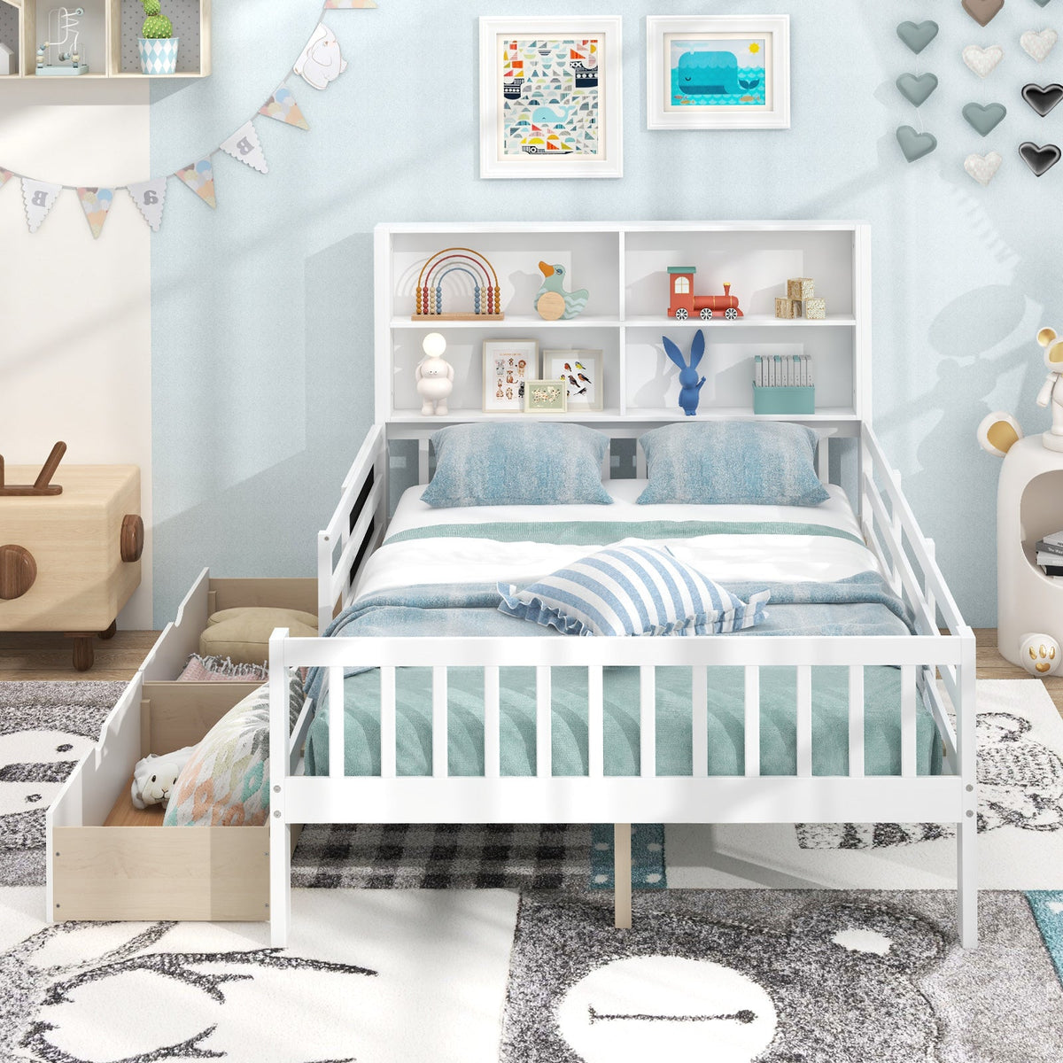 Twin/Full Size Bed Frame with 2 Drawers and Bookcase for Boys and Girls