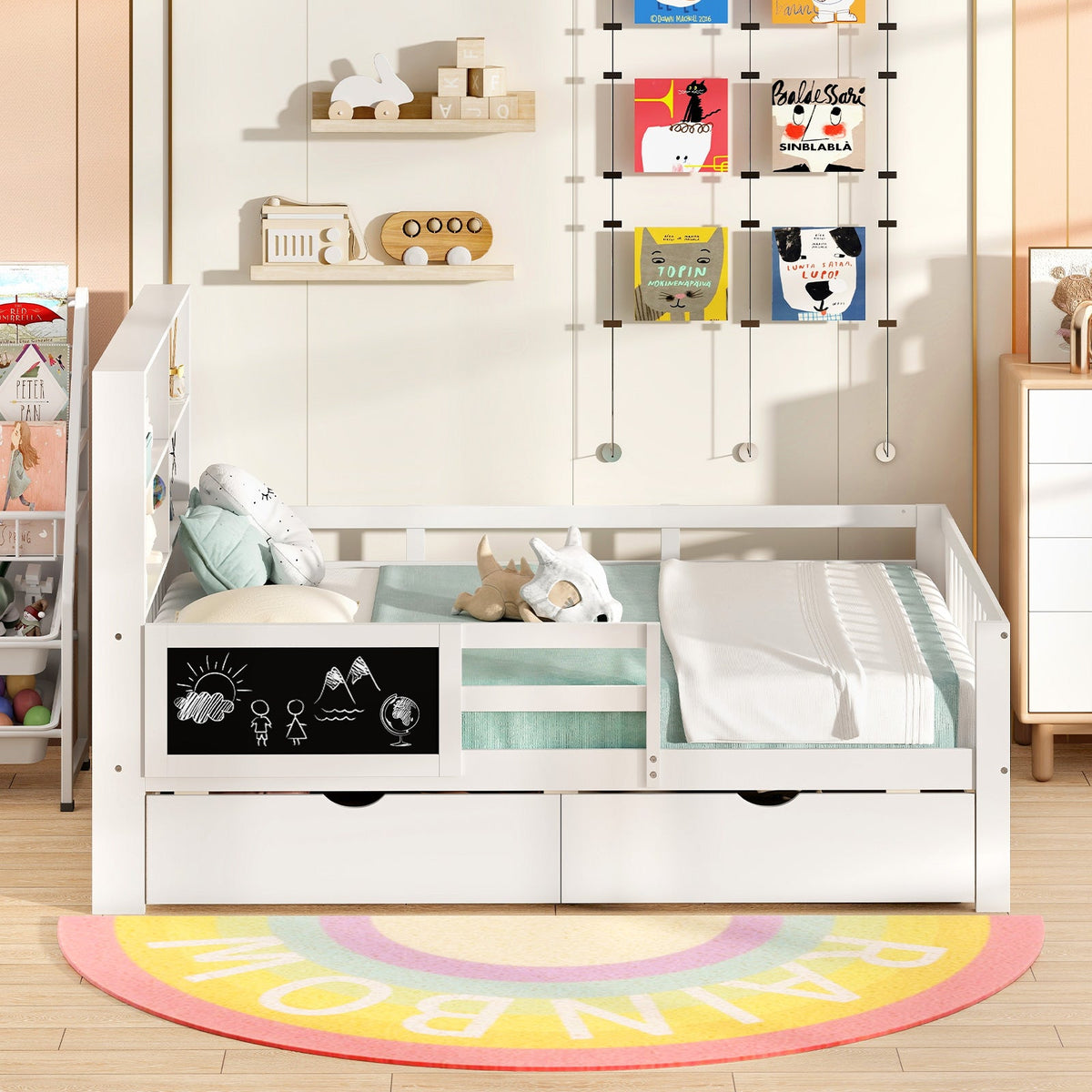 Twin/Full Size Bed Frame with 2 Drawers and Bookcase for Boys and Girls