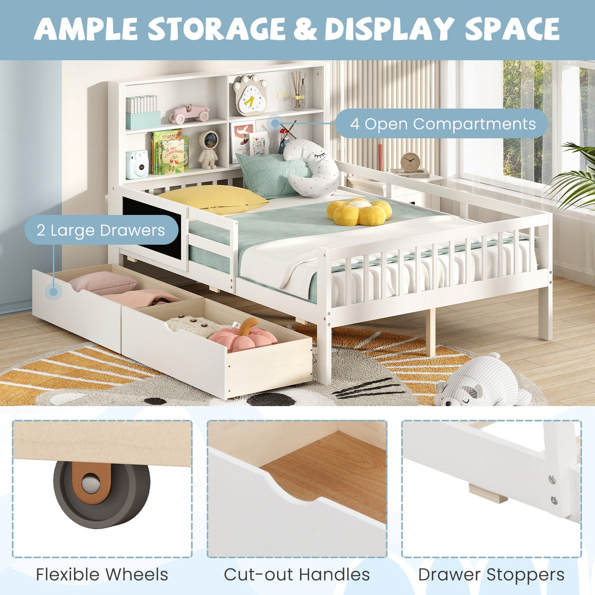 Twin/Full Size Bed Frame with 2 Drawers and Bookcase for Boys and Girls