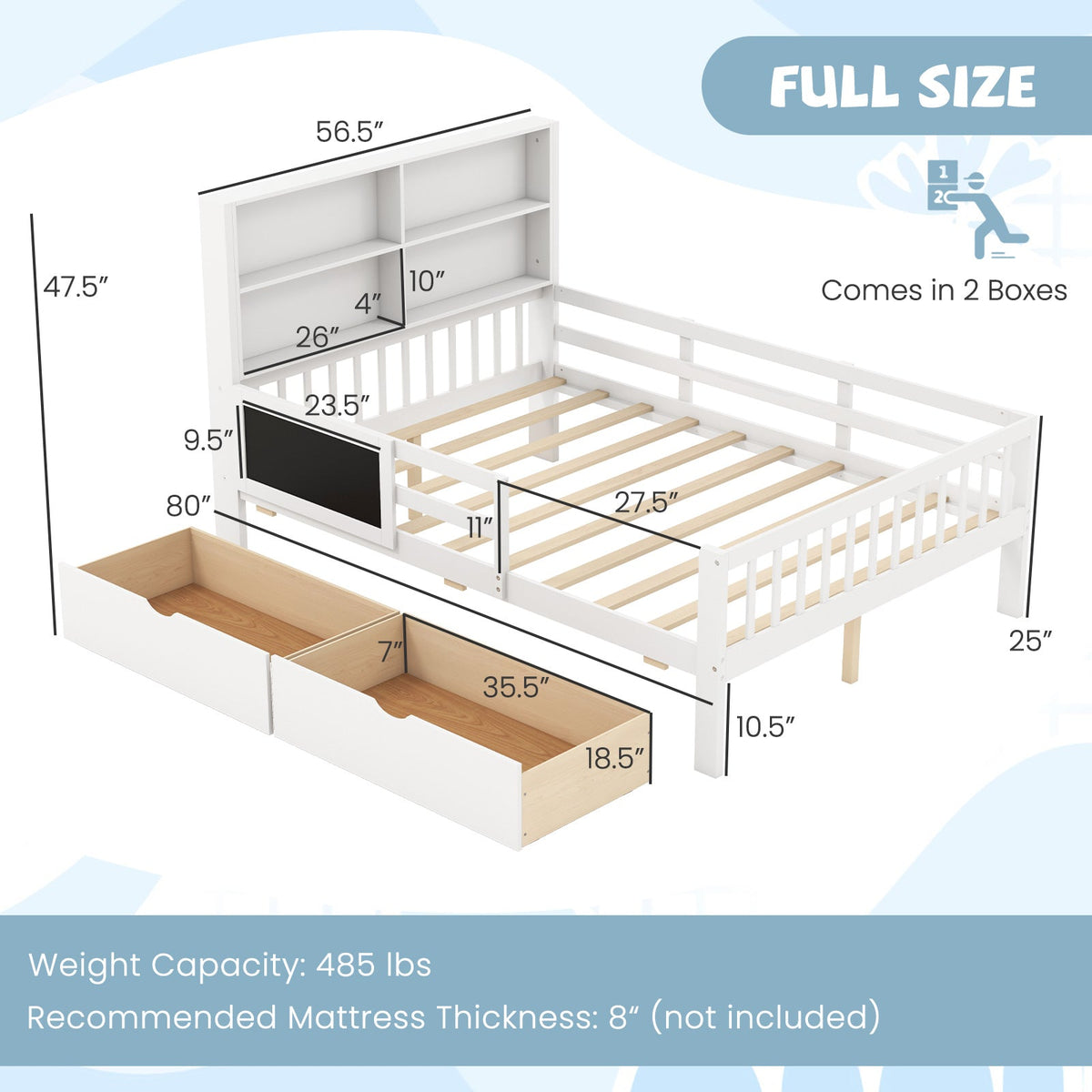 Twin/Full Size Bed Frame with 2 Drawers and Bookcase for Boys and Girls