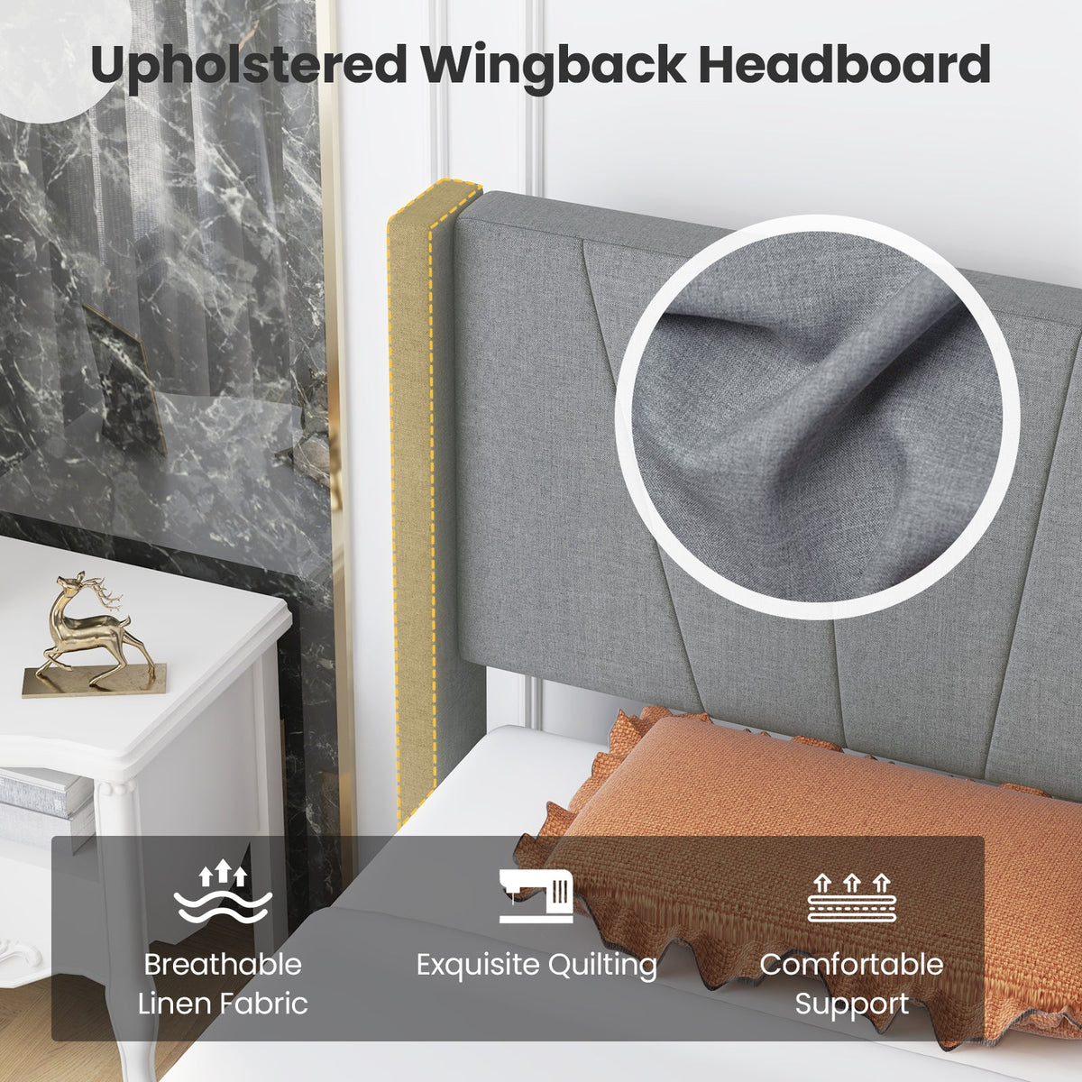 Twin/Queen Bed Frame with Linen Upholstered Wingback Headboard