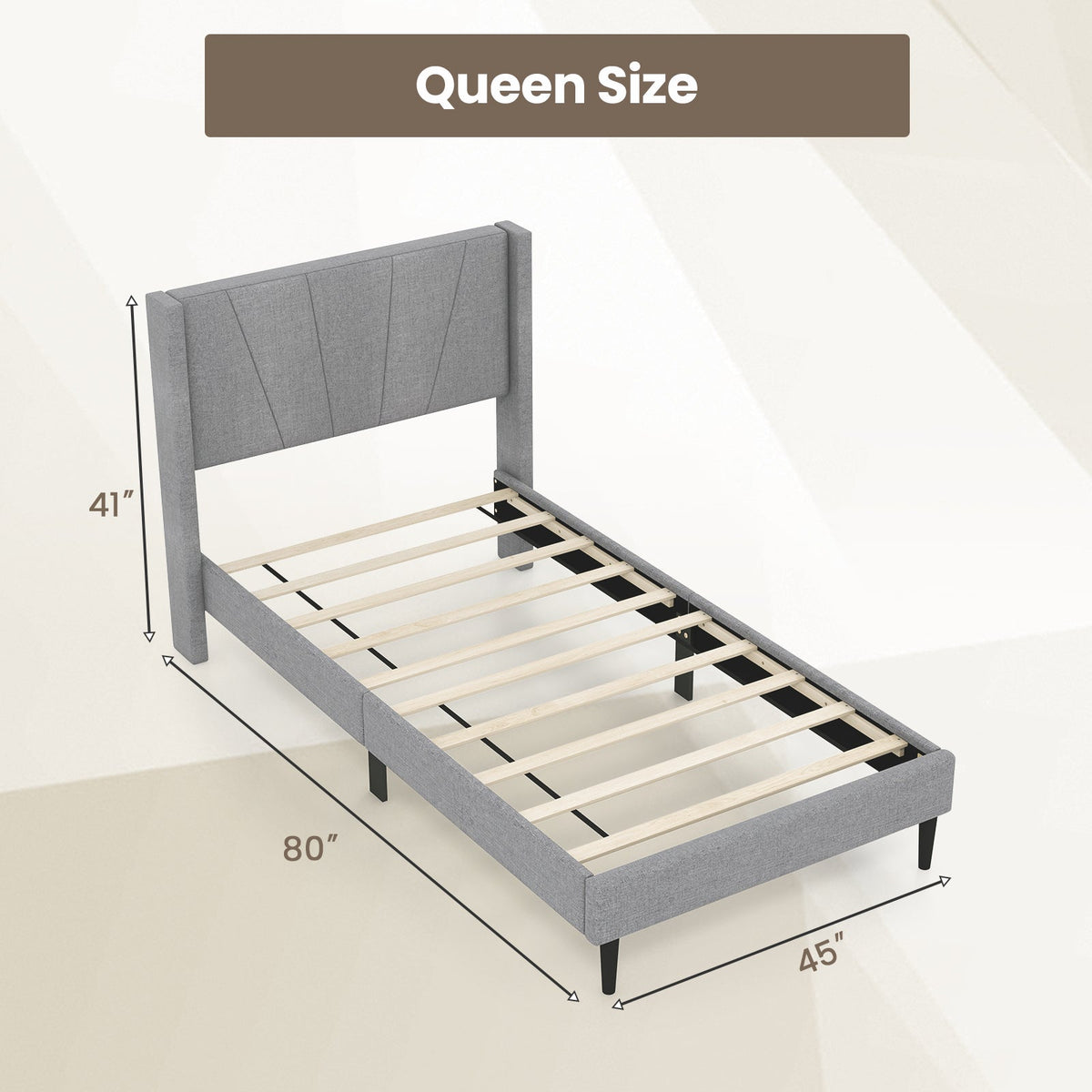 Twin/Queen Bed Frame with Linen Upholstered Wingback Headboard