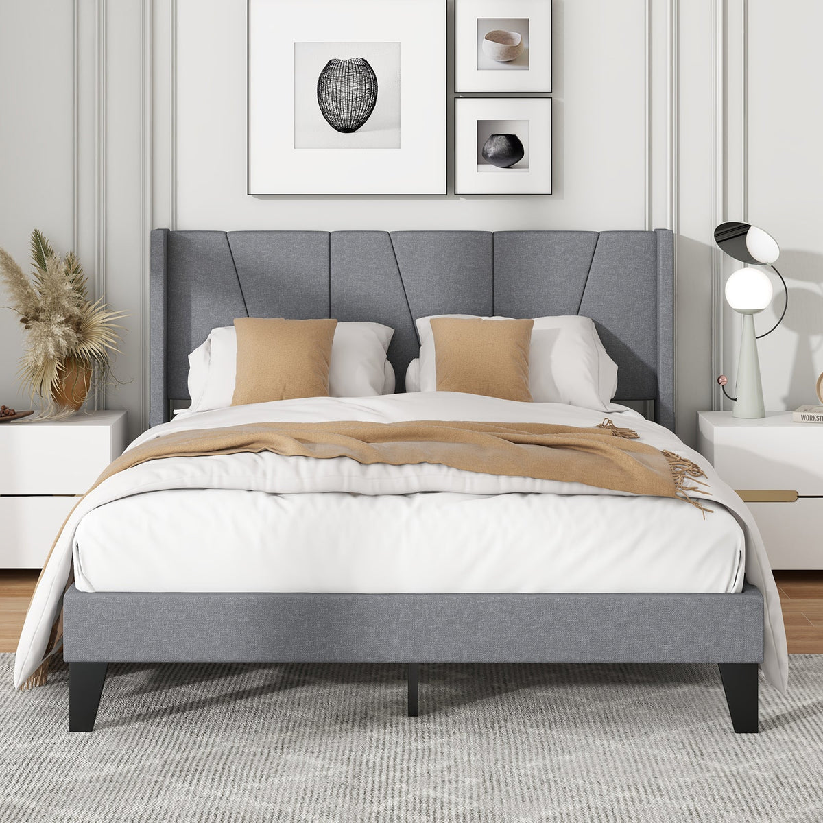 Full/Queen Size Bed Frame with Wingback Headboard and Wood Slat Support