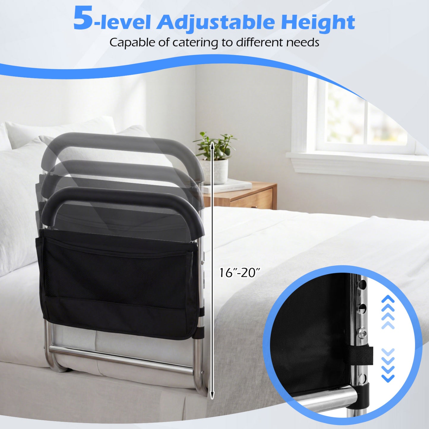 Adjustable Bed Rail for Elderly Adults with Safety Strap