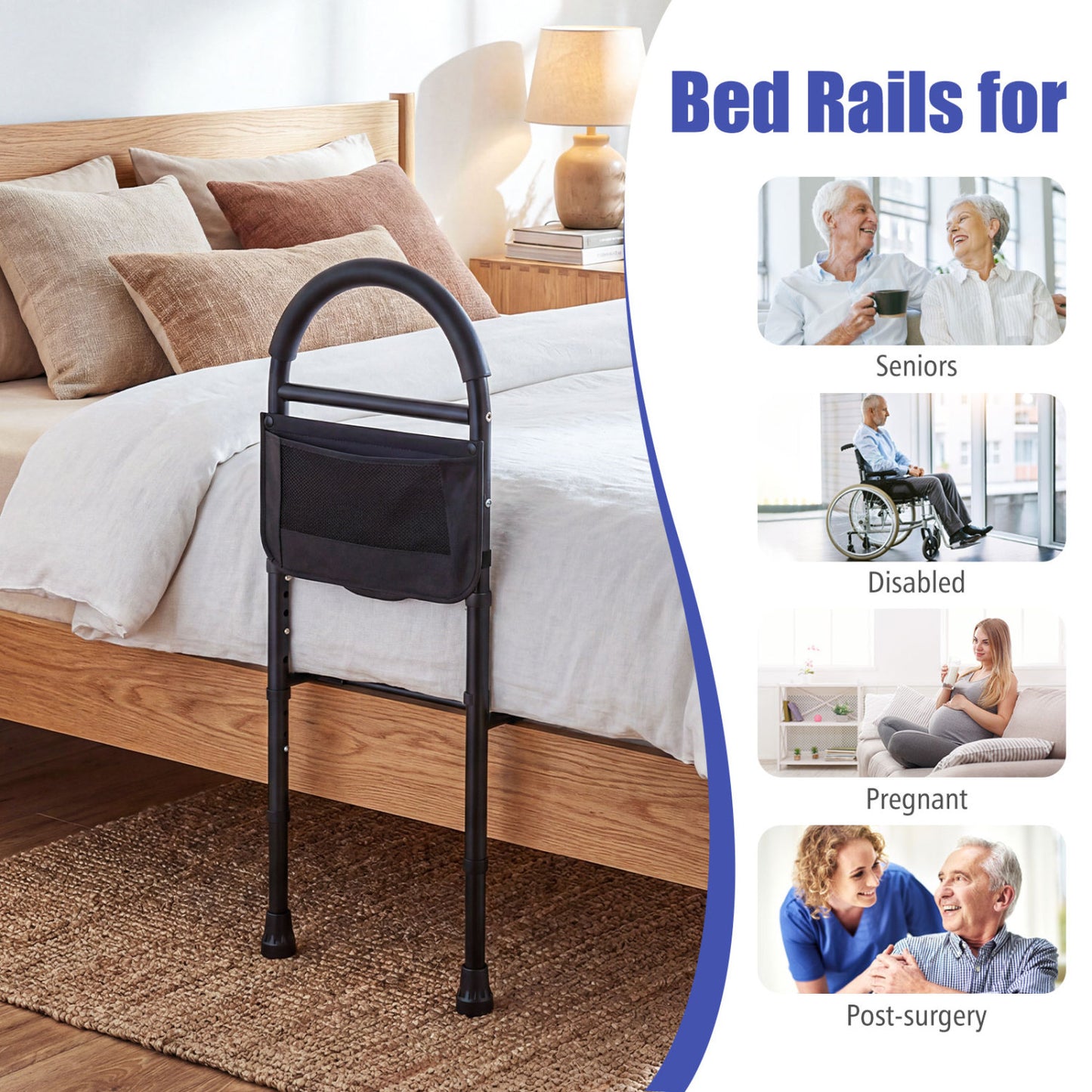Adjustable Bed Rails for Elderly Adults with Safety Strap