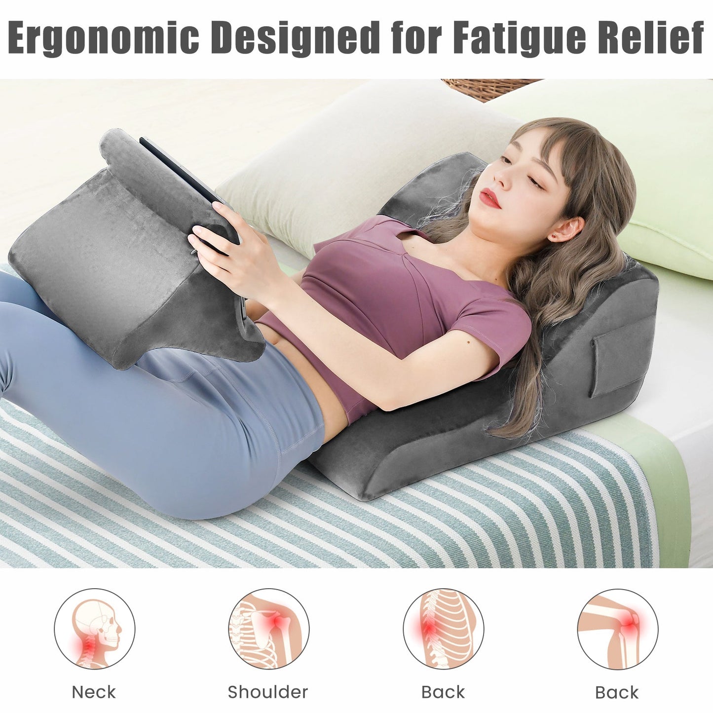 Bed Wedge Pillow with Tablet Pillow Stand and Side Pockets-Gray