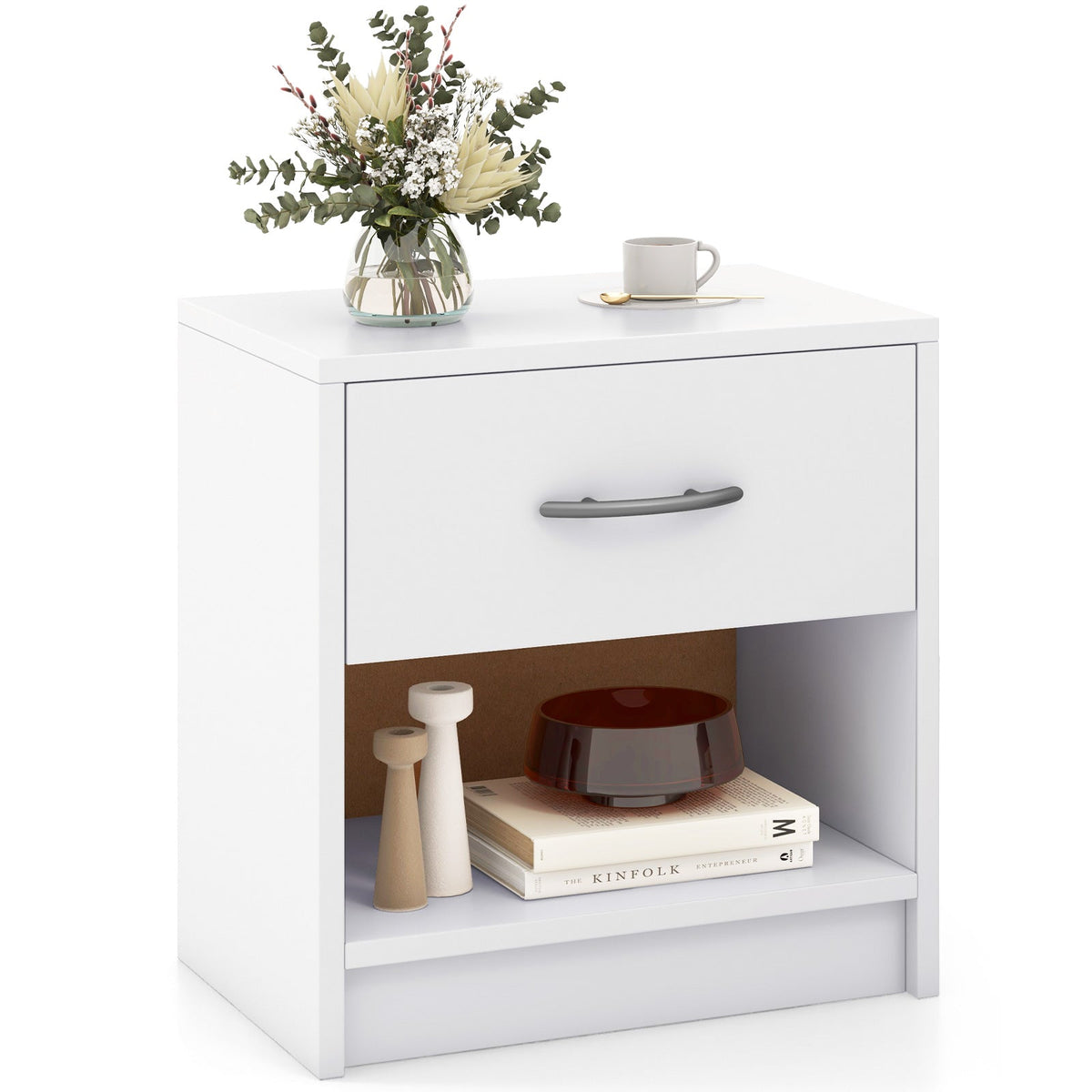 Bedside Table Nightstand with Drawer and Open Storage Shelf