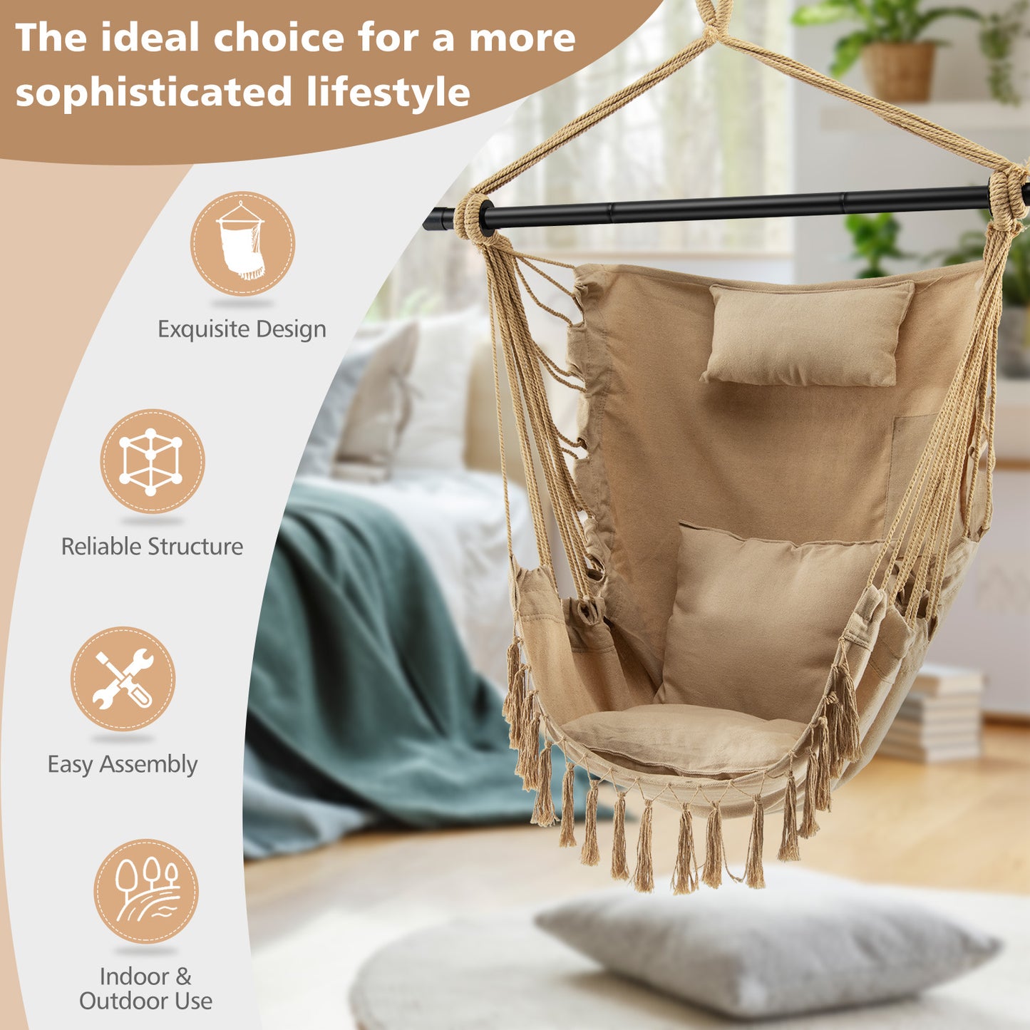 Hanging Rope Swing Chair with Pillow and Cushions