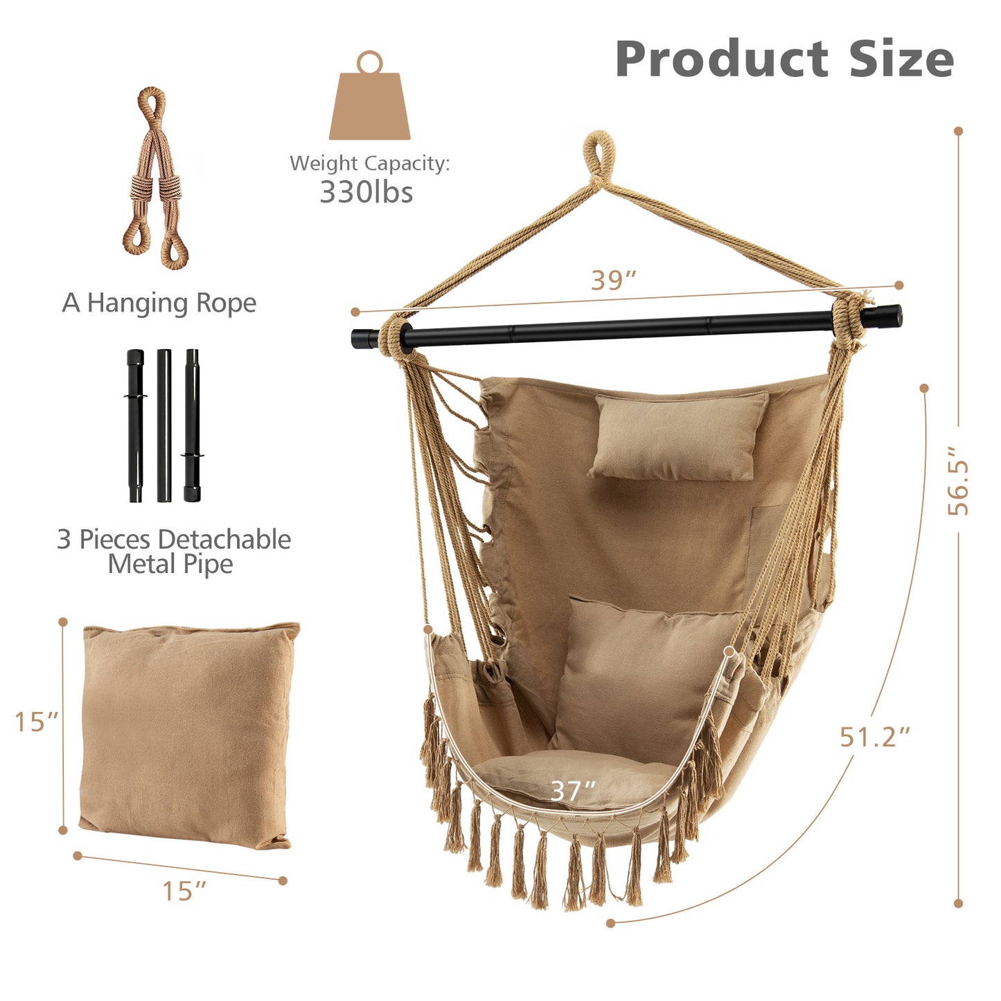 Hanging Rope Swing Chair with Pillow and Cushions
