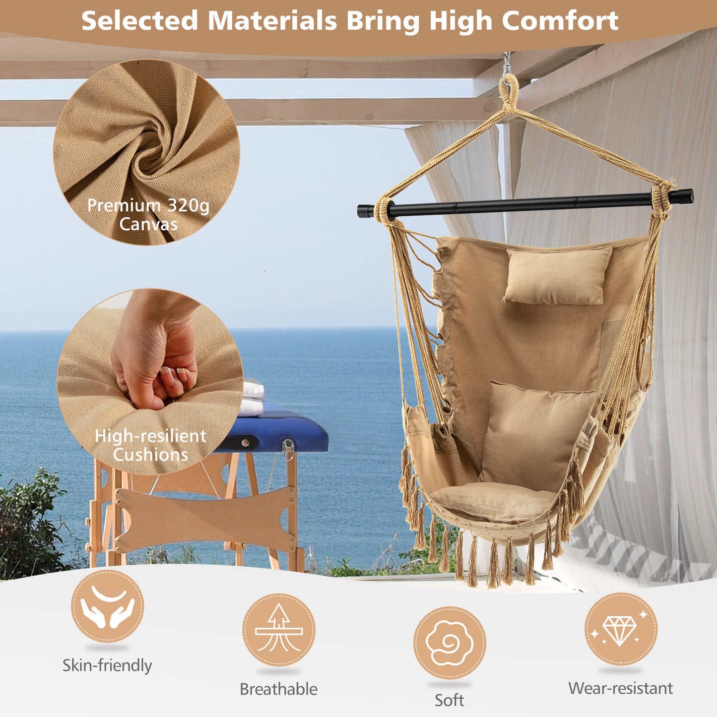 Hanging Rope Swing Chair with Pillow and Cushions