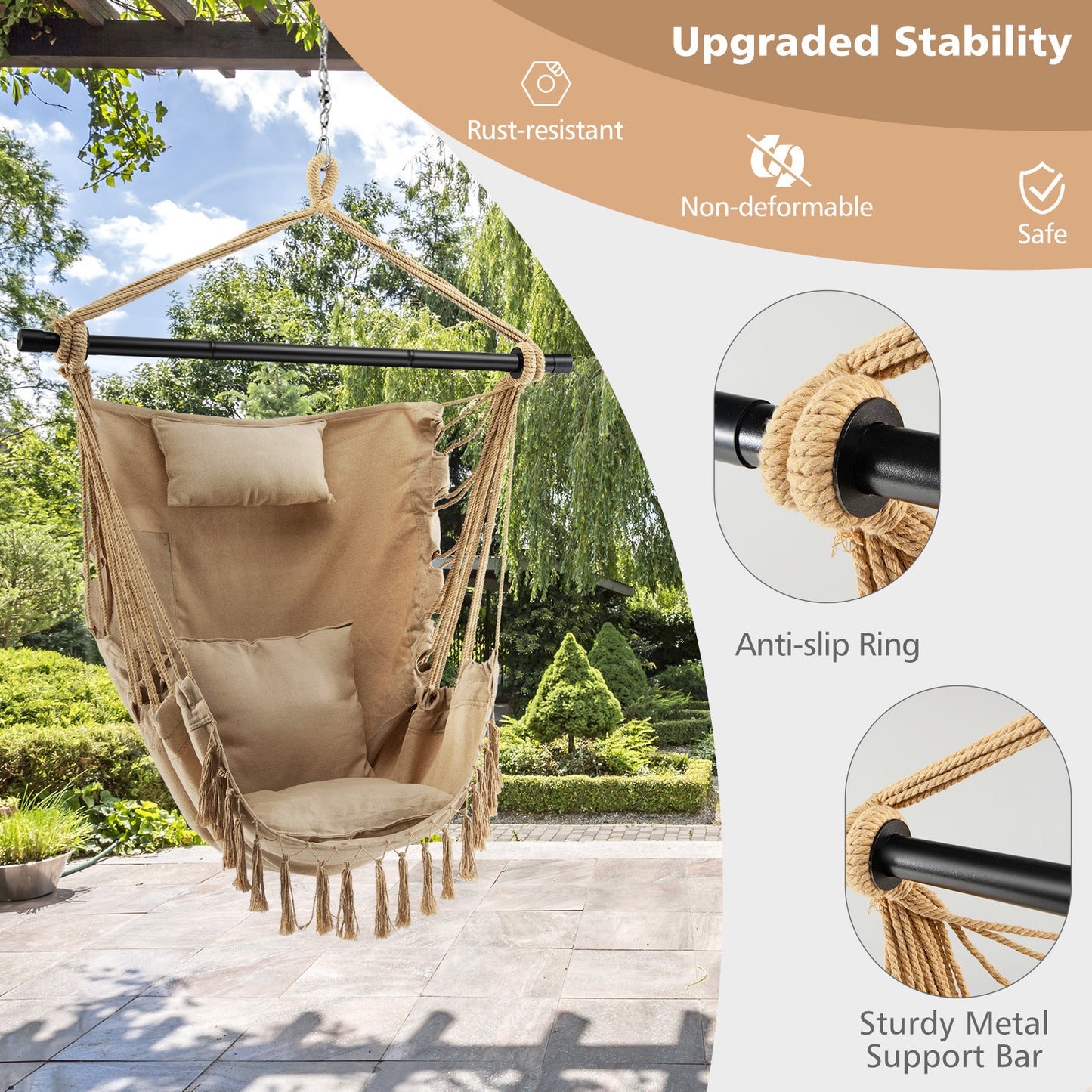 Hanging Rope Swing Chair with Pillow and Cushions