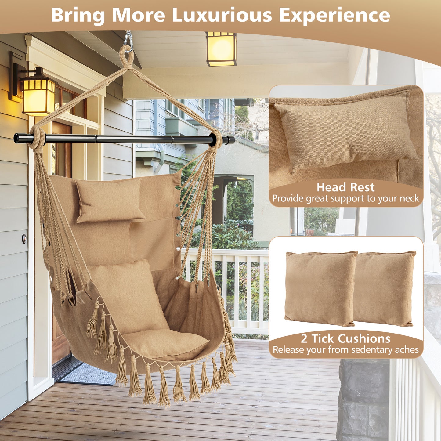 Hanging Rope Swing Chair with Pillow and Cushions