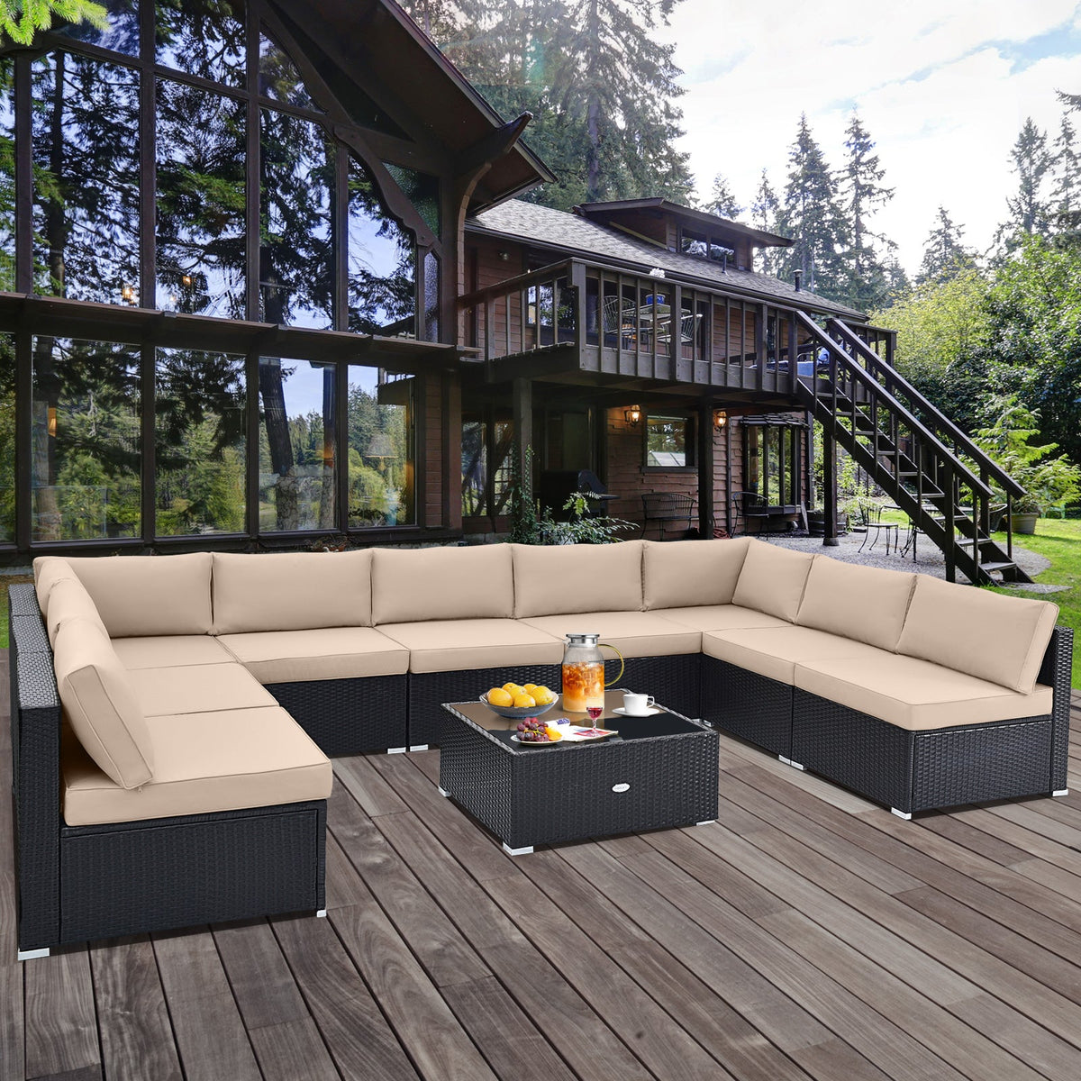 10 Piece Outdoor Wicker Conversation Set with Seat and Back Cushions