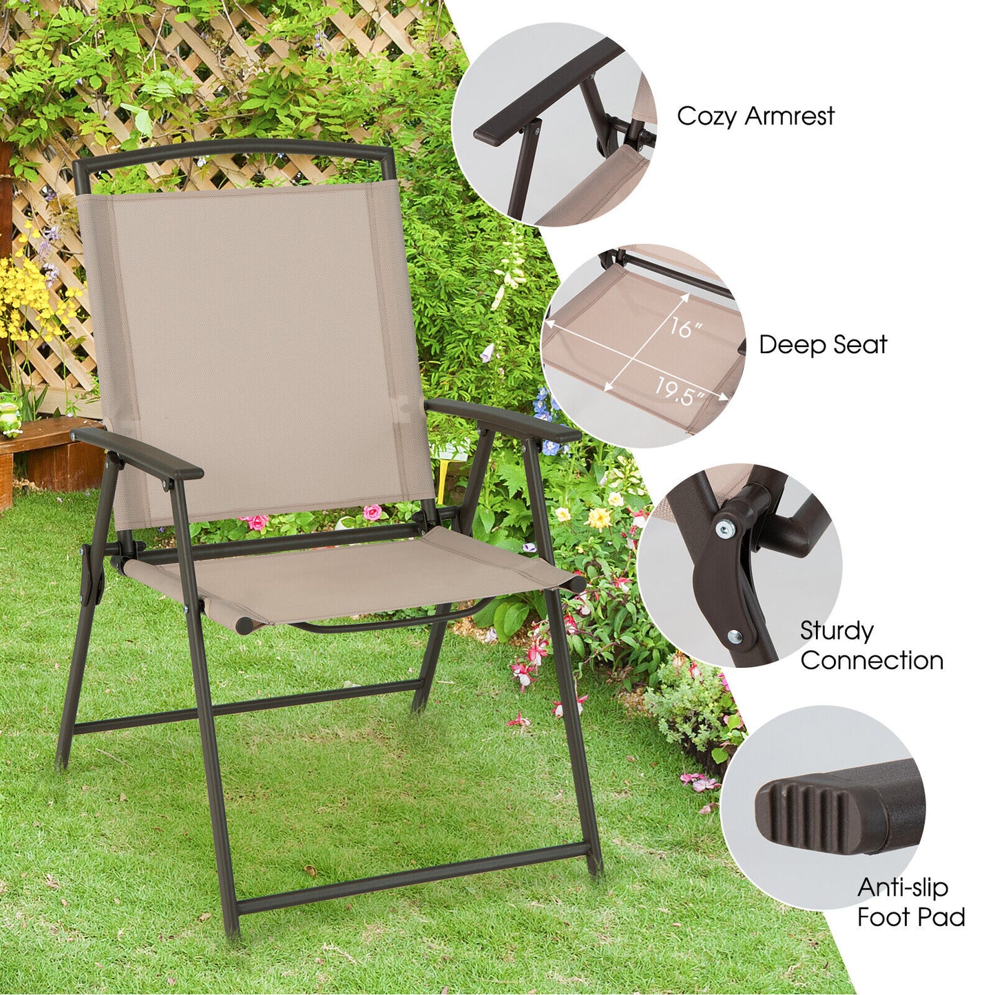 Patio Dining Chairs Set of 2 with Armrests - Foldable Steel