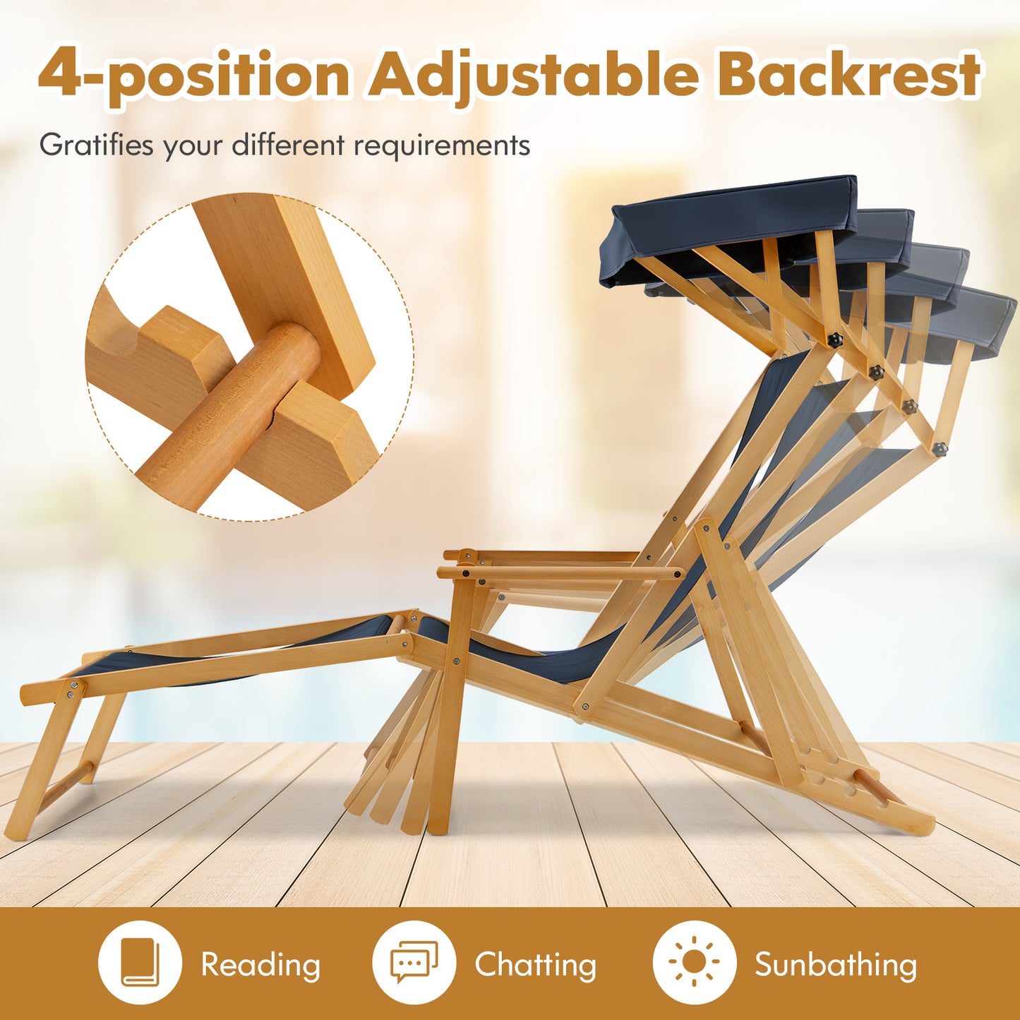 Foldable Chaise Lounge Chair with Adjustable Canopy
