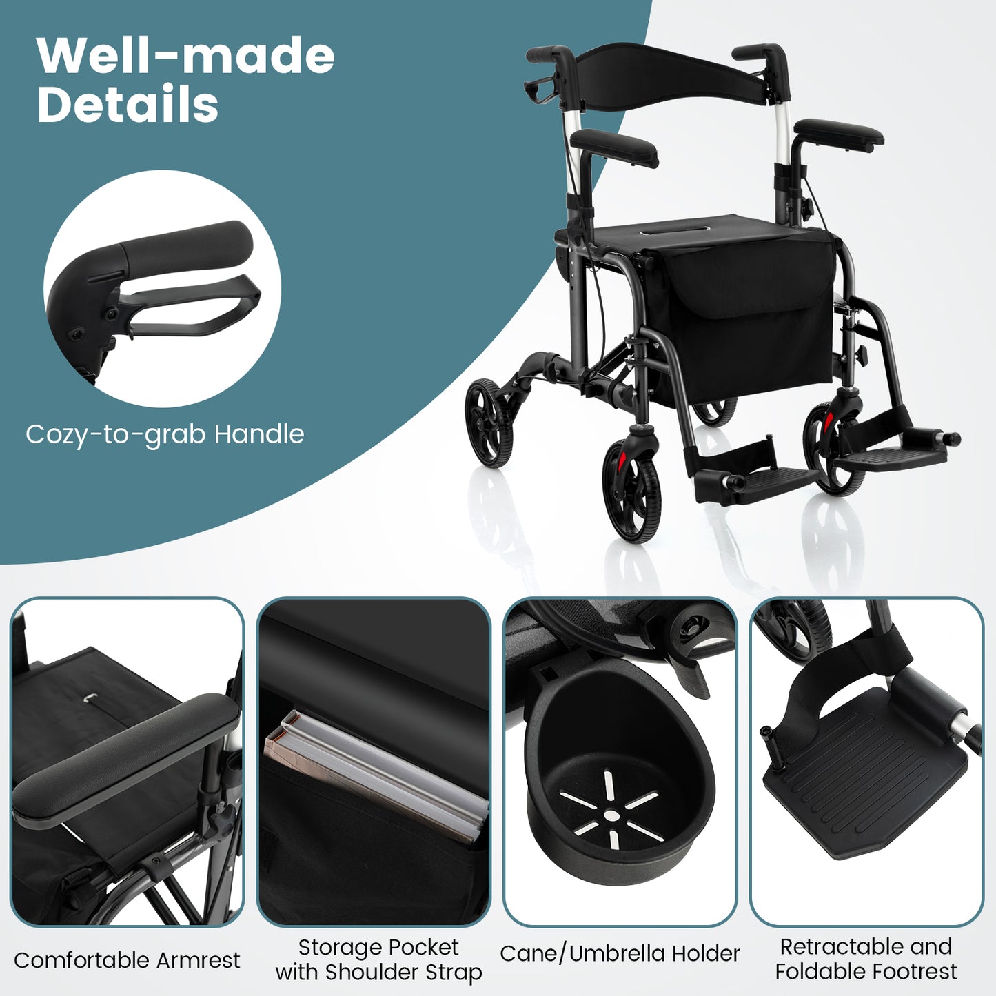Folding Rollator Walker with Seat and Wheels Supports up to 300 lbs-Black