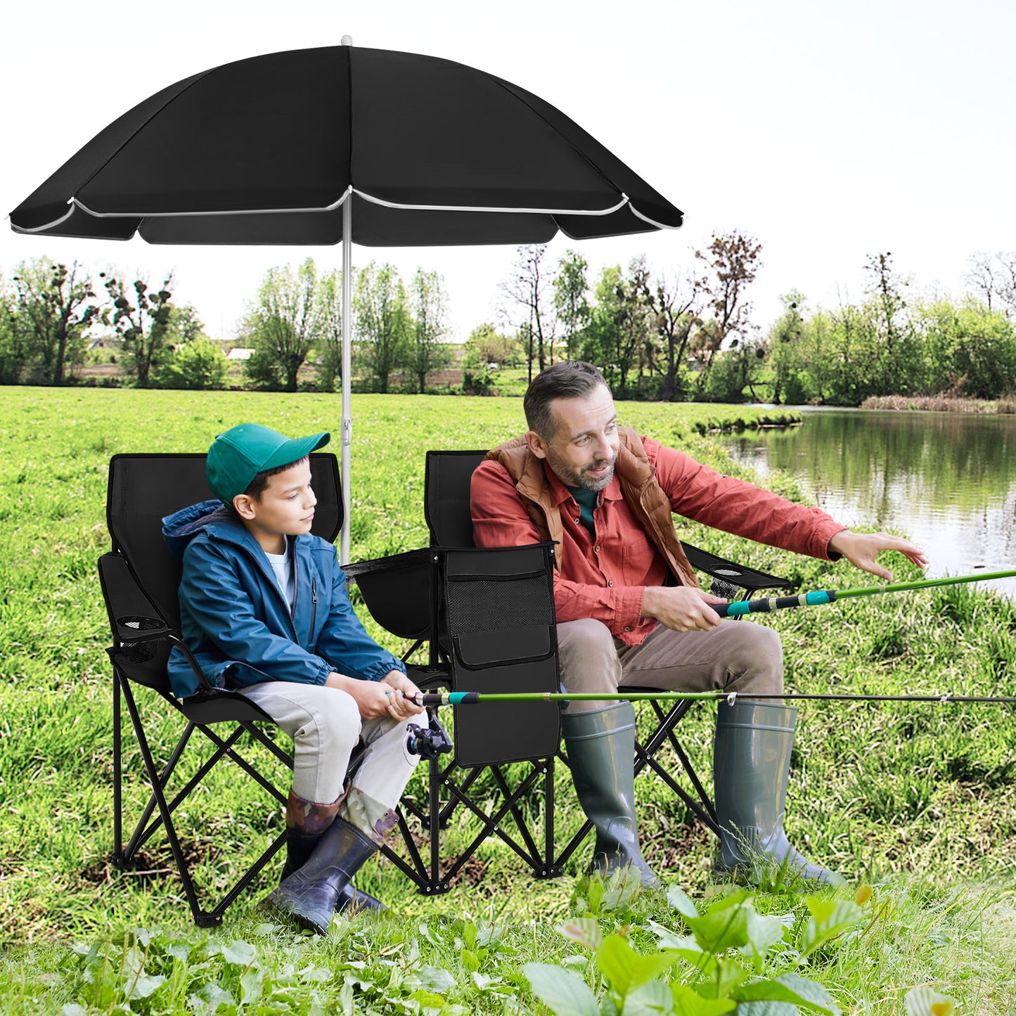 Folding Double Chair with Umbrella and Cooler Bag