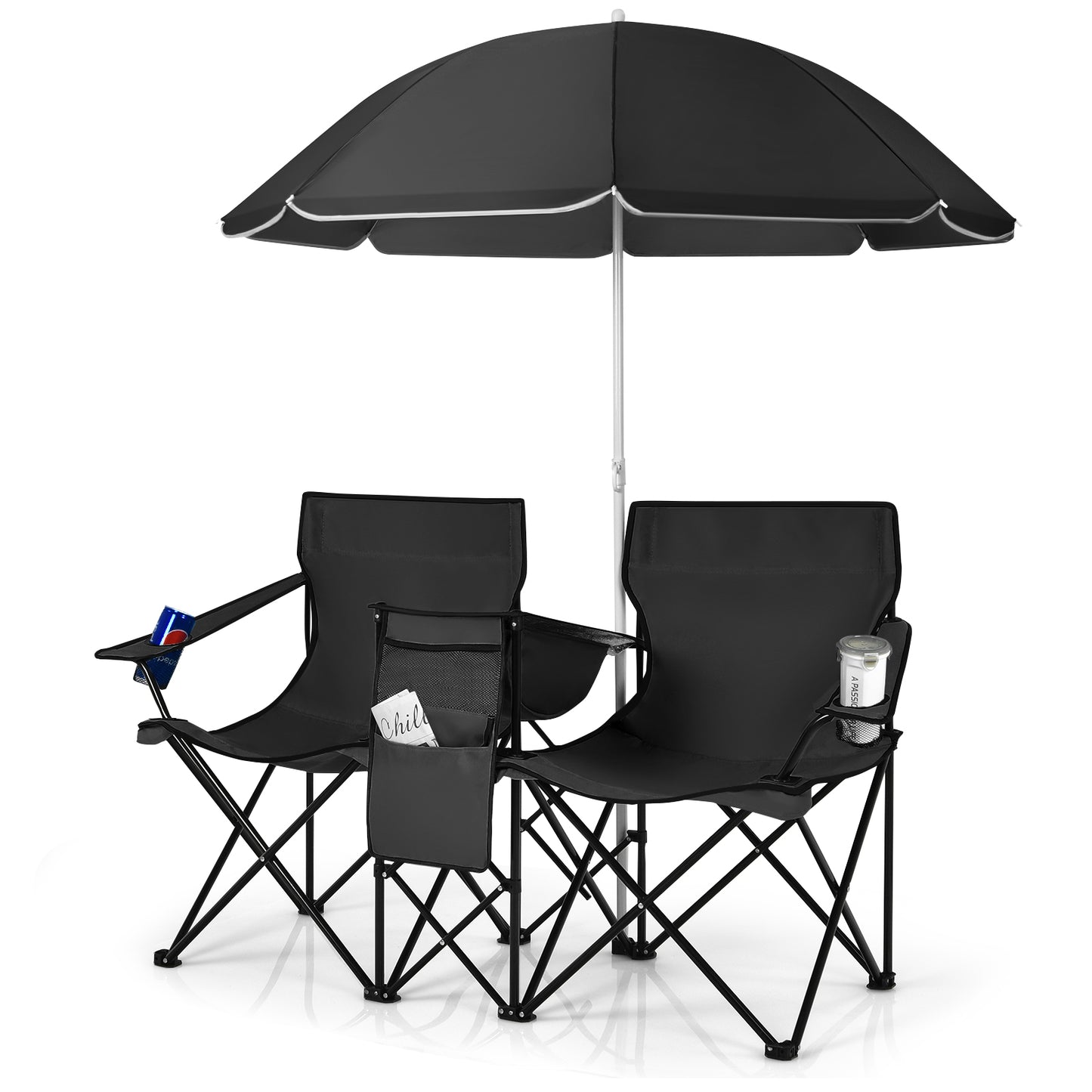 Folding Double Chair with Umbrella and Cooler Bag