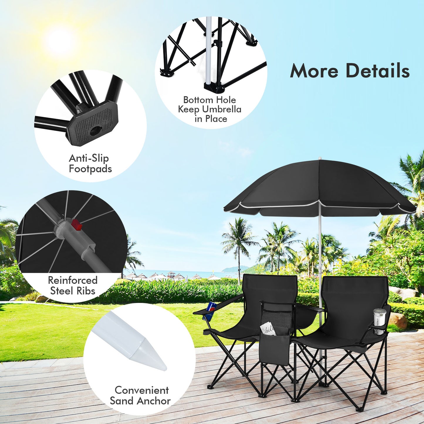 Folding Double Chair with Umbrella and Cooler Bag